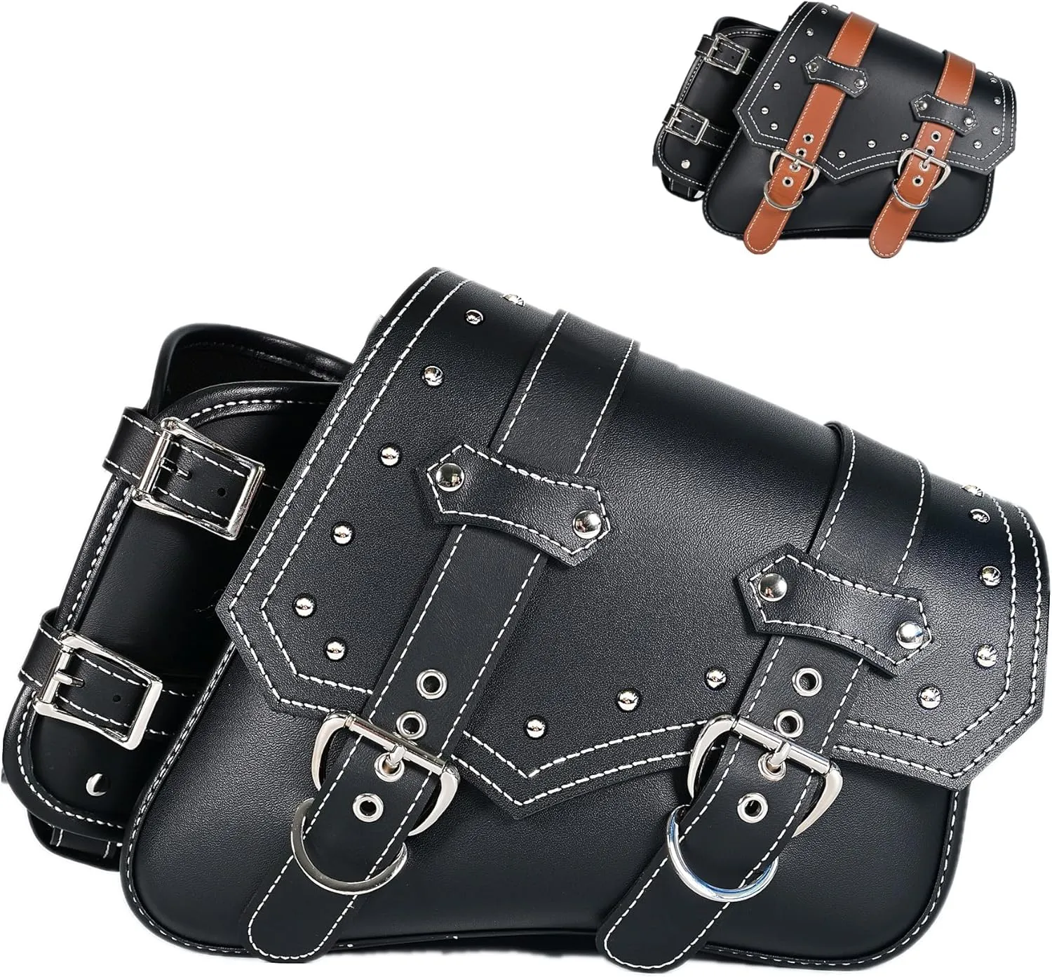 Motorcycle Saddle Bags Side Bags|Saddlebags|Pvc Leather Waterproof Side Swing ArmBags|SideToolBag|UniversalStorage Tool Bag for Motorbike|with cup holder|Brown belt|Black|Right