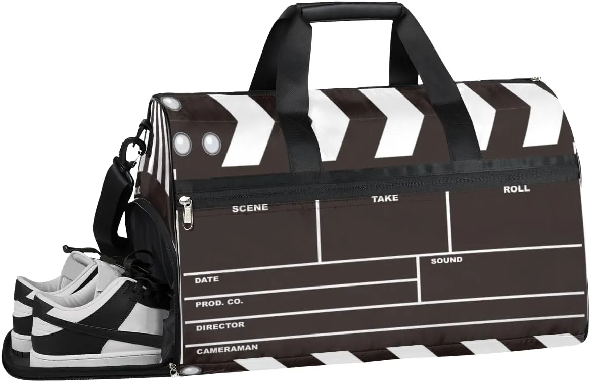 Movie Clapboard Modern Gym Bag for Women and Men Duffel Bag for Sports Gyms and Weekend Getaway Water-resistant Travel Dufflebag with Shoe Compartments
