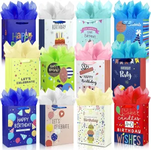 MUMULULU 12 Pack Birthday Gift Bags with Ribbon Handle and Tissue Paper Funny Happy birthday Gift Bags for Birthday Gift Wrapping Presents