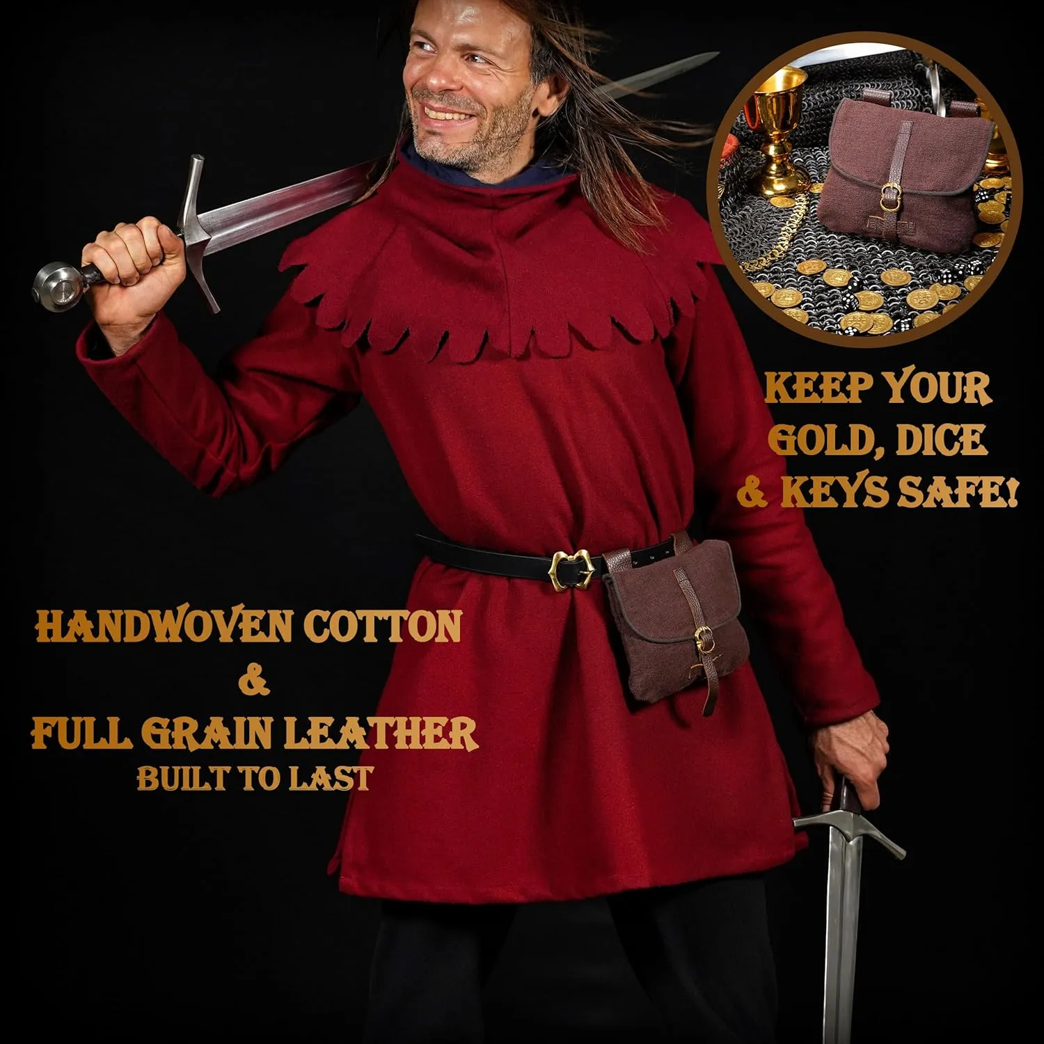 Mythrojan Late Medieval Belt Bag, Ideal for SCA Renaissance LARP Reenactment & Ren Fair