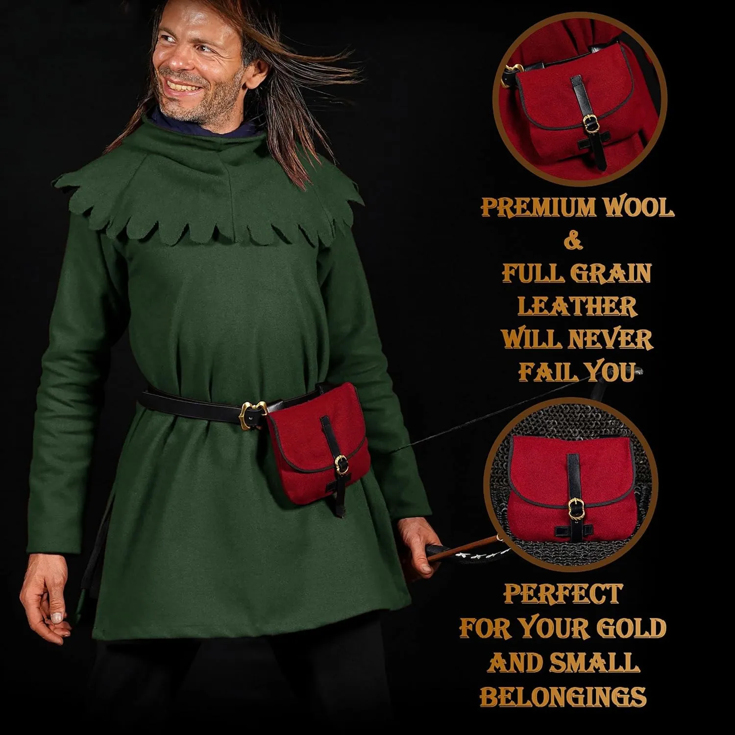 Mythrojan Late Medieval Belt Bag, Ideal for SCA Renaissance LARP Reenactment & Ren Fair
