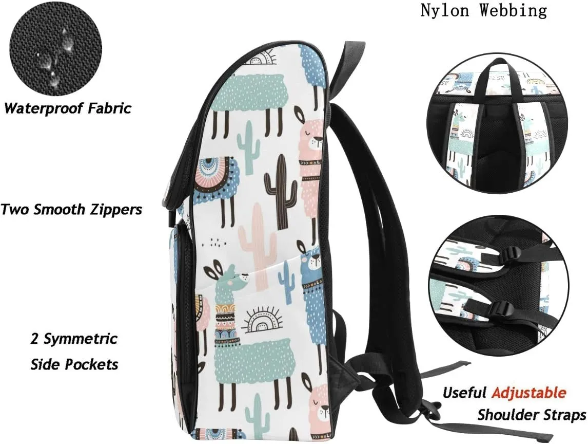 Naanle Cute Cartoon Llama Cactus Pattern Casual Daypack College Multipurpose Backpack Large Travel Hiking Bag for Men Women,Waterproof Computer Bag