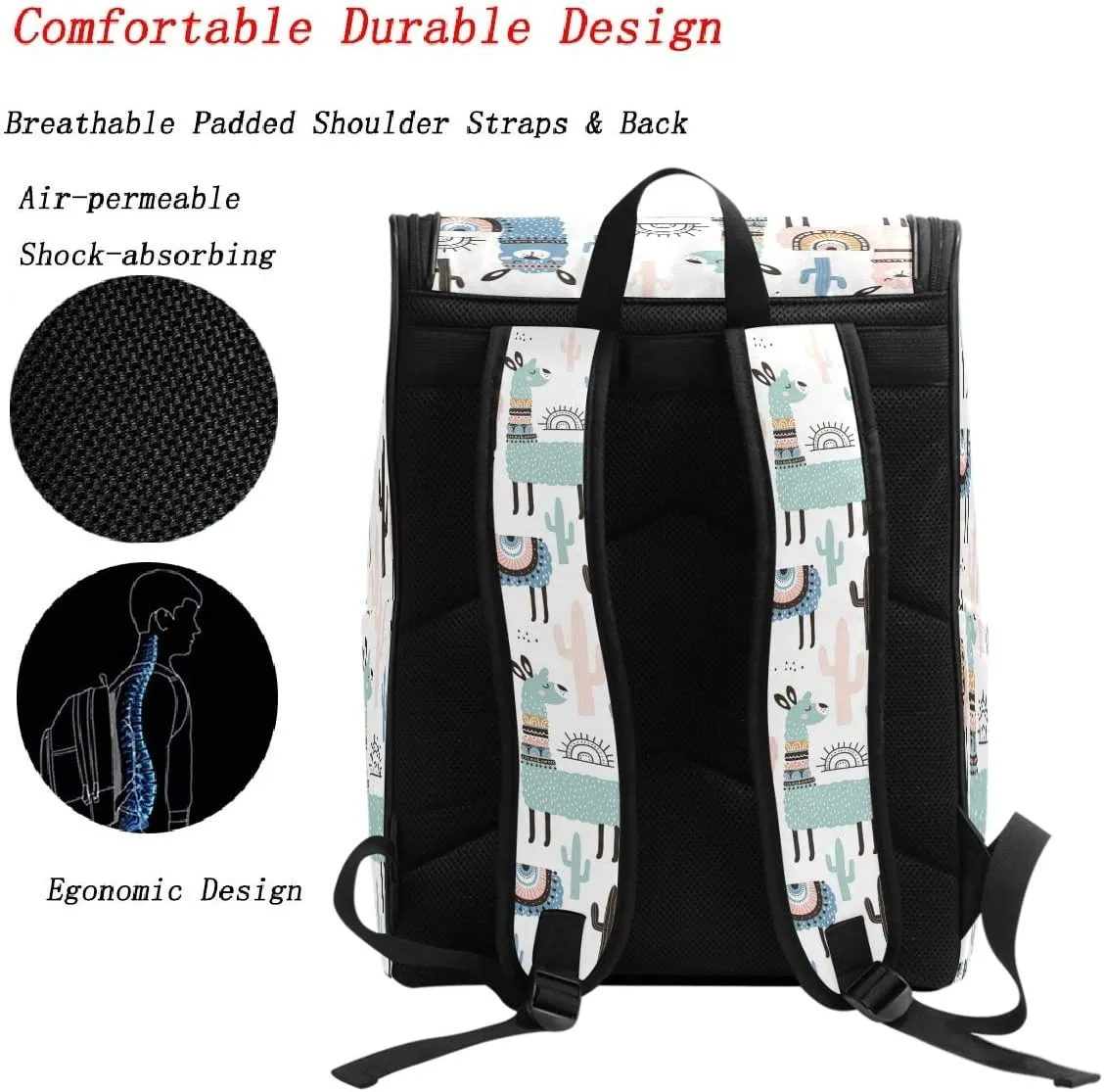 Naanle Cute Cartoon Llama Cactus Pattern Casual Daypack College Multipurpose Backpack Large Travel Hiking Bag for Men Women,Waterproof Computer Bag