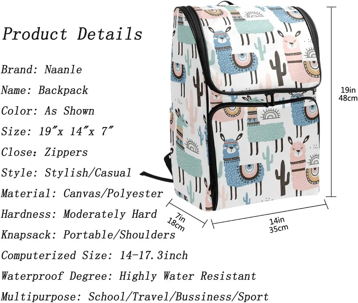 Naanle Cute Cartoon Llama Cactus Pattern Casual Daypack College Multipurpose Backpack Large Travel Hiking Bag for Men Women,Waterproof Computer Bag