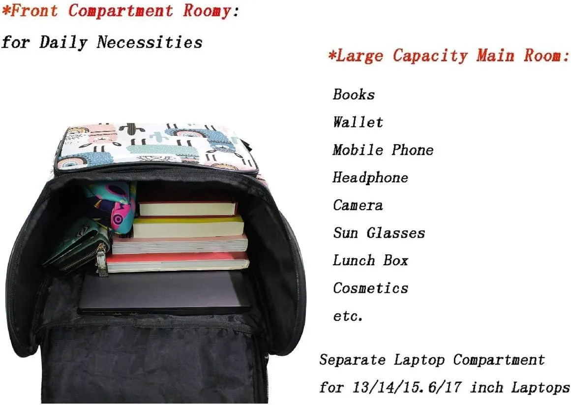 Naanle Cute Cartoon Llama Cactus Pattern Casual Daypack College Multipurpose Backpack Large Travel Hiking Bag for Men Women,Waterproof Computer Bag