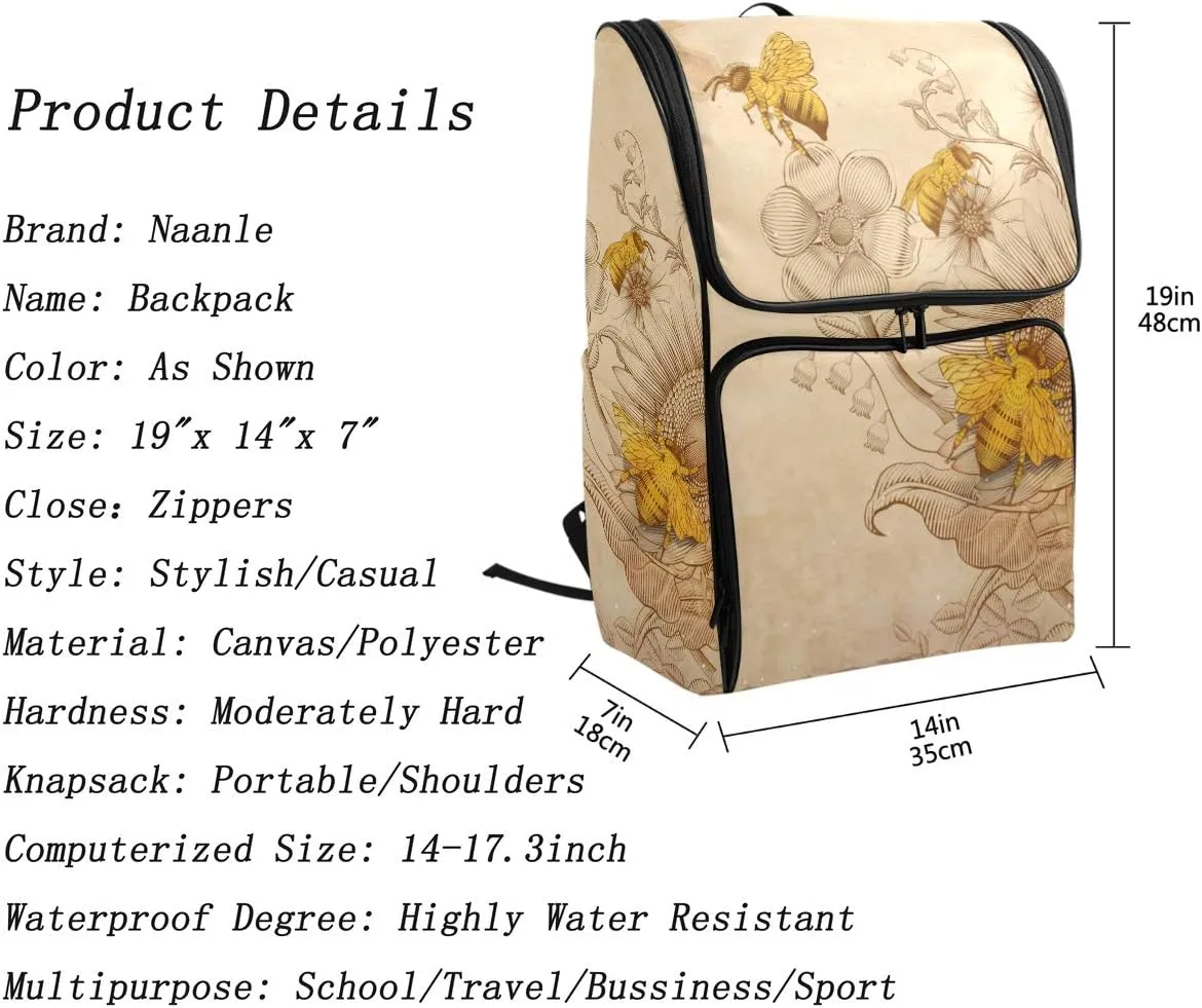 Naanle Stylish Honey Bees and Wildflowers Retro Style Casual Daypack College Students Multipurpose Backpack Large Travel Hiking Bags Computer Bag for Men Women