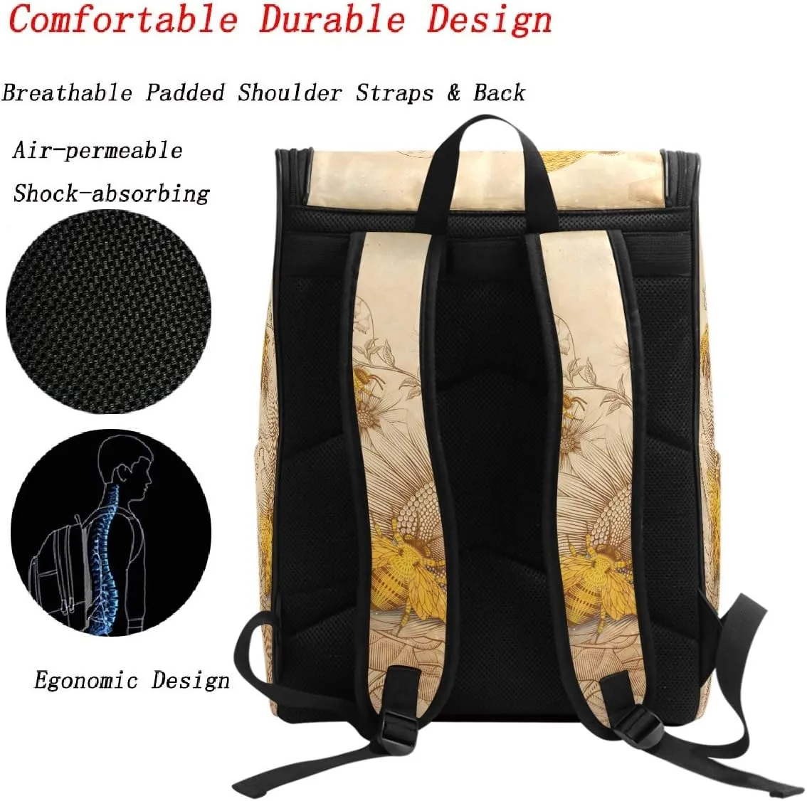 Naanle Stylish Honey Bees and Wildflowers Retro Style Casual Daypack College Students Multipurpose Backpack Large Travel Hiking Bags Computer Bag for Men Women