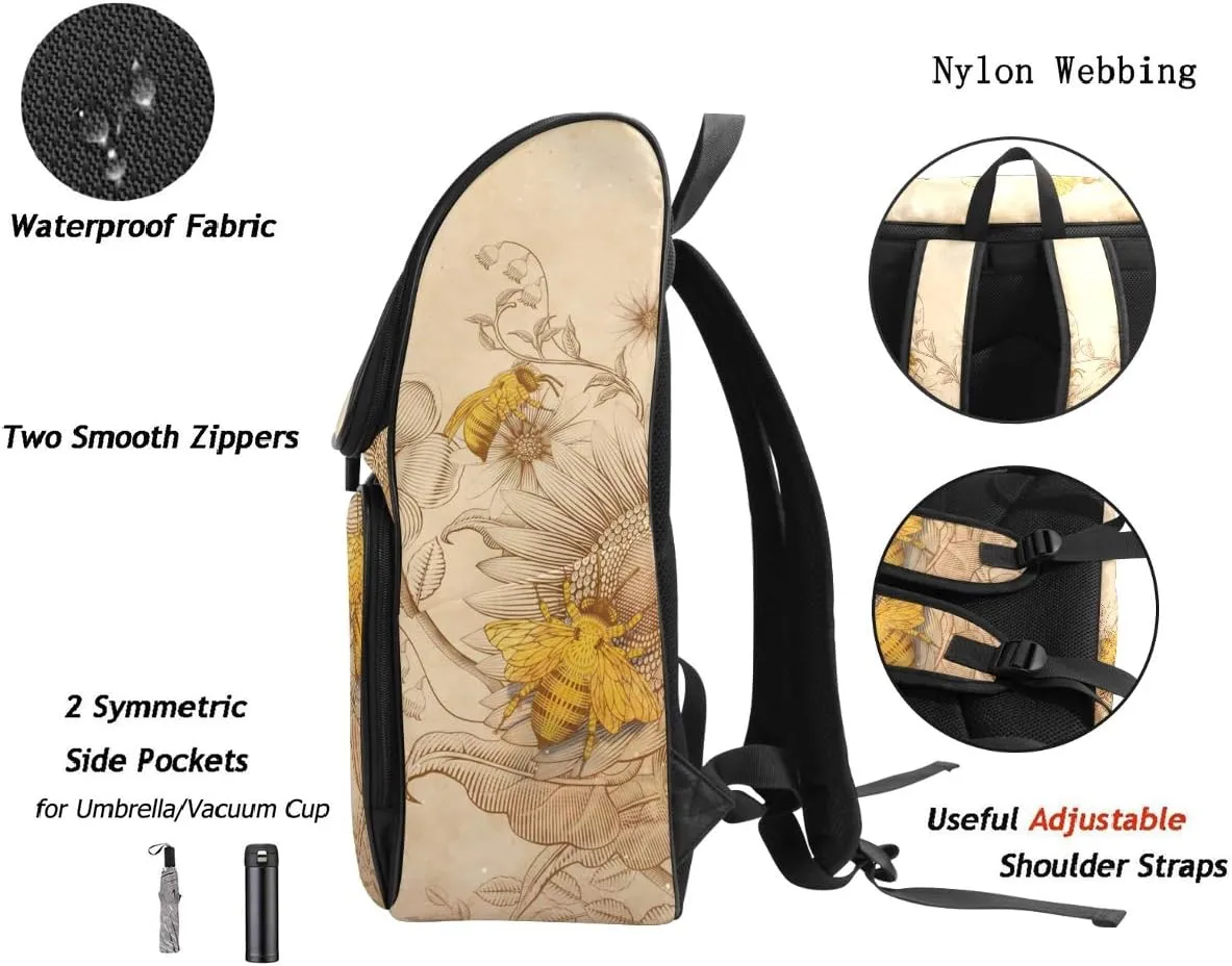 Naanle Stylish Honey Bees and Wildflowers Retro Style Casual Daypack College Students Multipurpose Backpack Large Travel Hiking Bags Computer Bag for Men Women