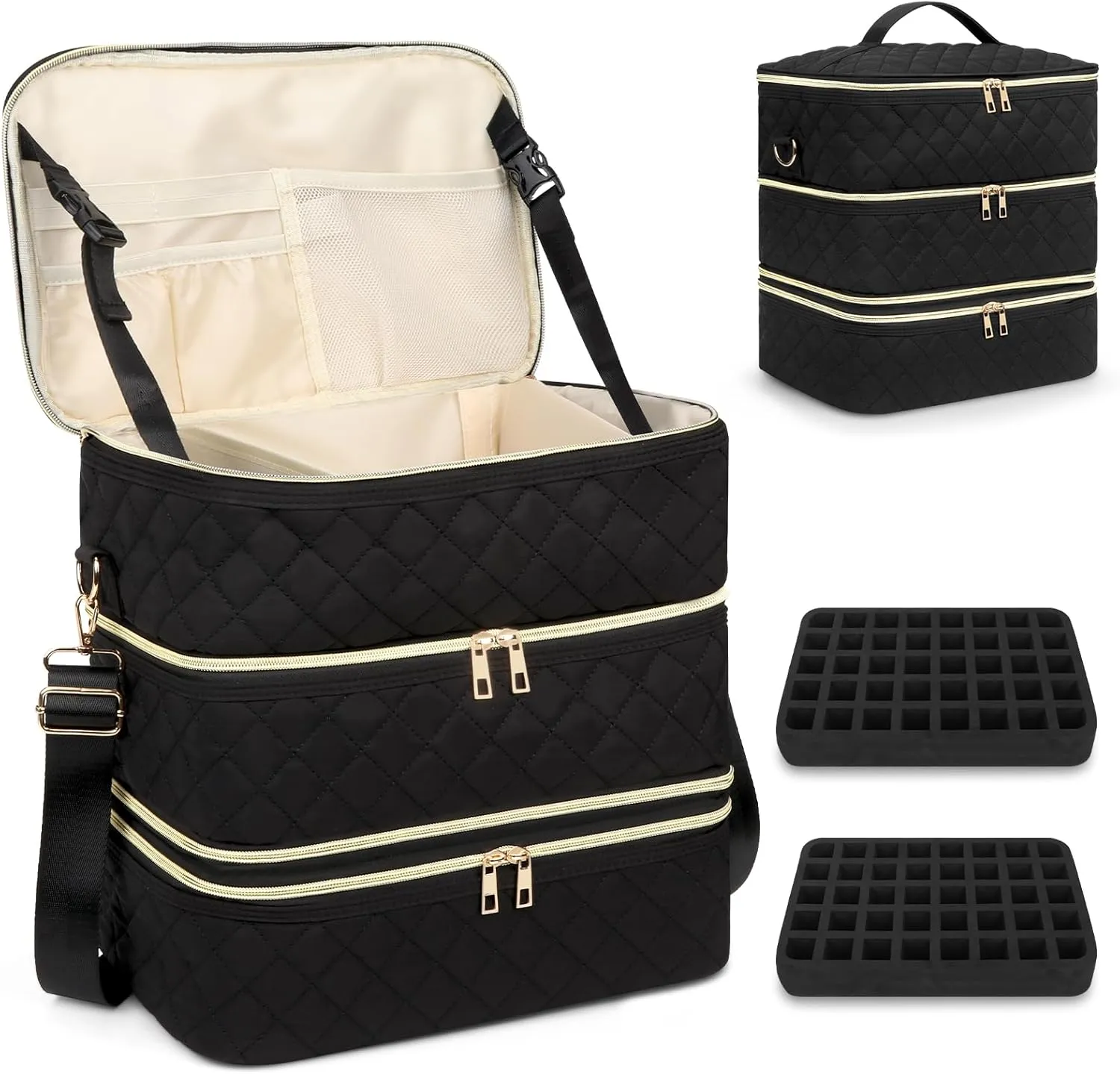Nail Polish Organizer, 3-Layer Case Holds 80 Bottles and Includes Nail Lamp, Detachable Layer, Shoulder Strap