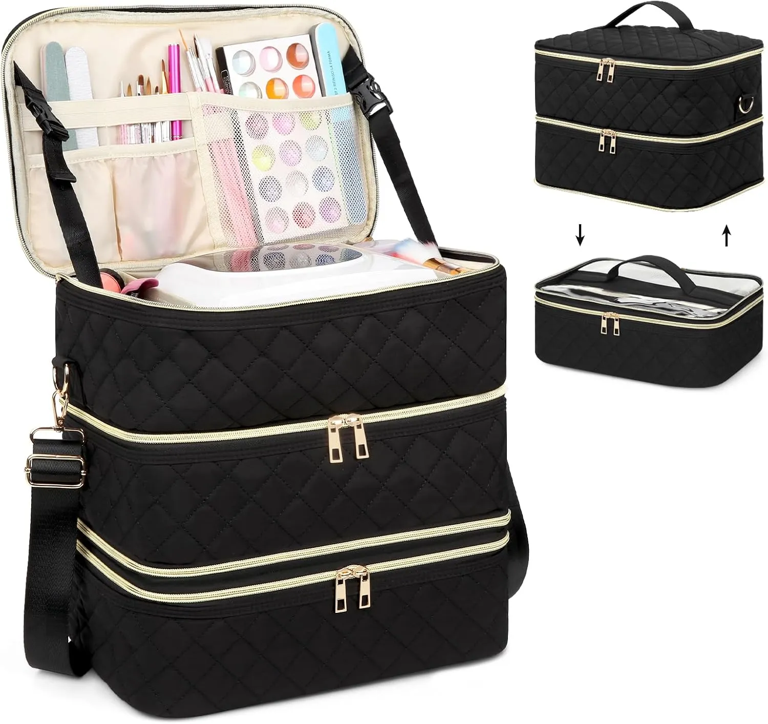 Nail Polish Organizer, 3-Layer Case Holds 80 Bottles and Includes Nail Lamp, Detachable Layer, Shoulder Strap