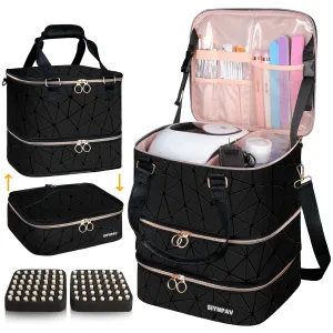 Nail Polish Organizer Bag Holds 84 Bottles (15ml/0.5fl.oz)& Nail Lamp, 3 Layers Detachable Nail Kit Storage Case PU Leather, Large Travel Nail Supplies Shoulder Bag for Manicure Tools (Black)