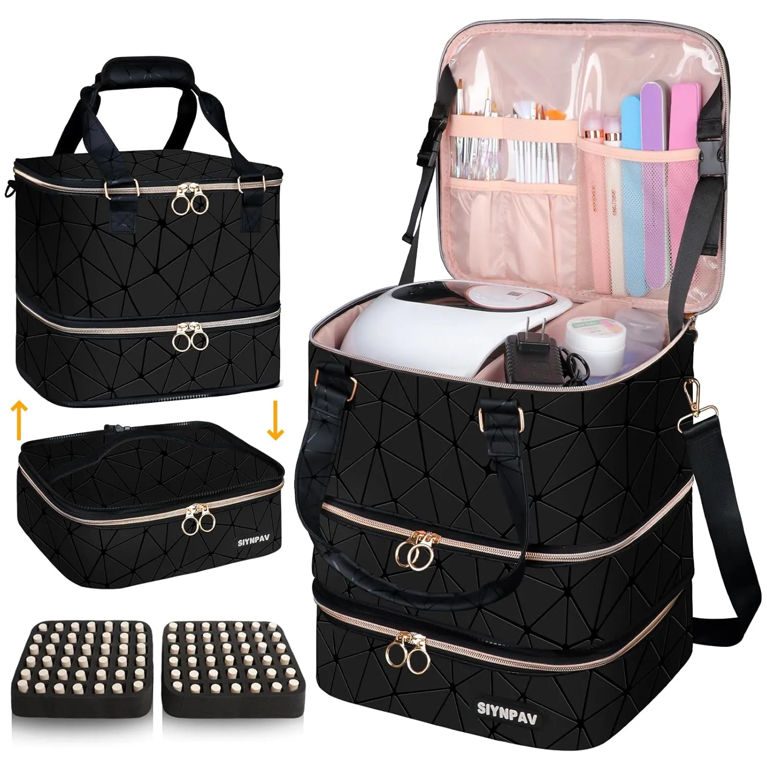 Nail Polish Organizer Bag Holds 84 Bottles (15ml/0.5fl.oz)& Nail Lamp, 3 Layers Detachable Nail Kit Storage Case PU Leather, Large Travel Nail Supplies Shoulder Bag for Manicure Tools (Black)