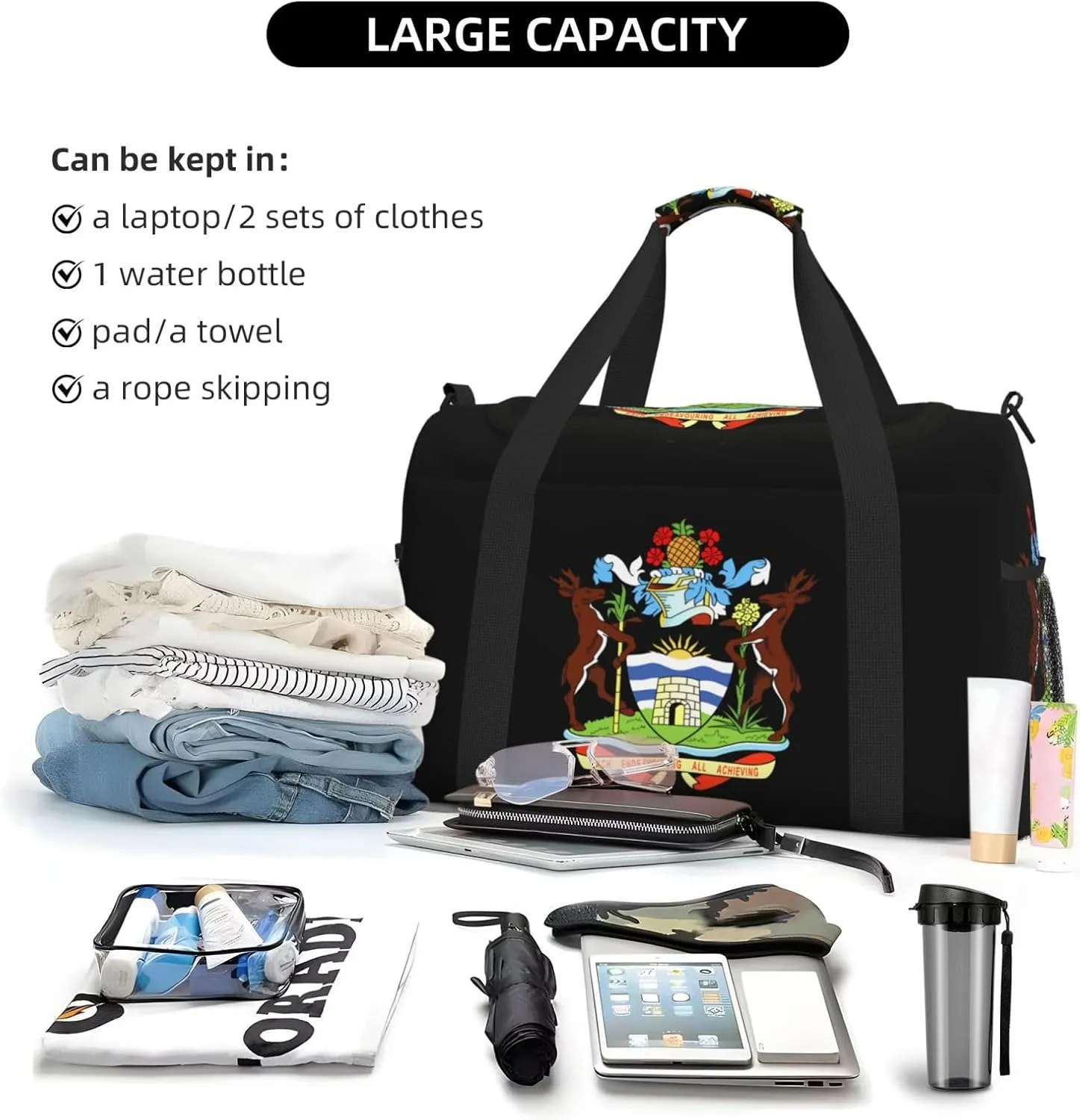 National Emblem Of Antigua Travel Duffel Bag Large Foldable Waterproof Overnight Bag For Beach Swim Bags Pool Sports Gym