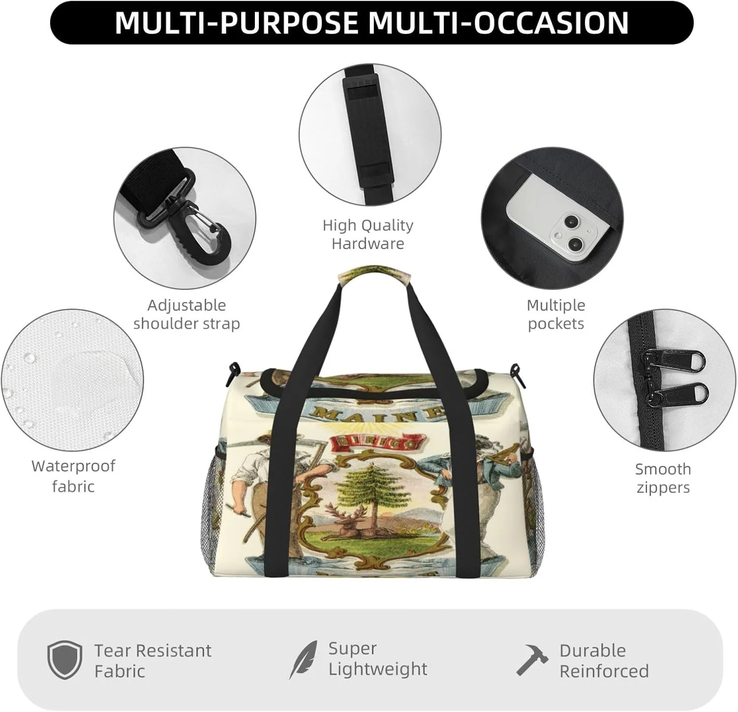 National Emblem Of Maine Travel Duffel Bag Large Foldable Waterproof Overnight Bag For Beach Swim Bags Pool Sports Gym