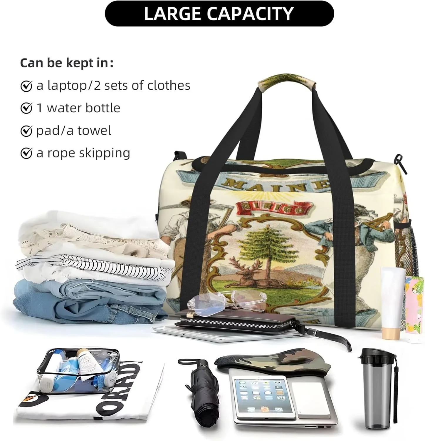National Emblem Of Maine Travel Duffel Bag Large Foldable Waterproof Overnight Bag For Beach Swim Bags Pool Sports Gym