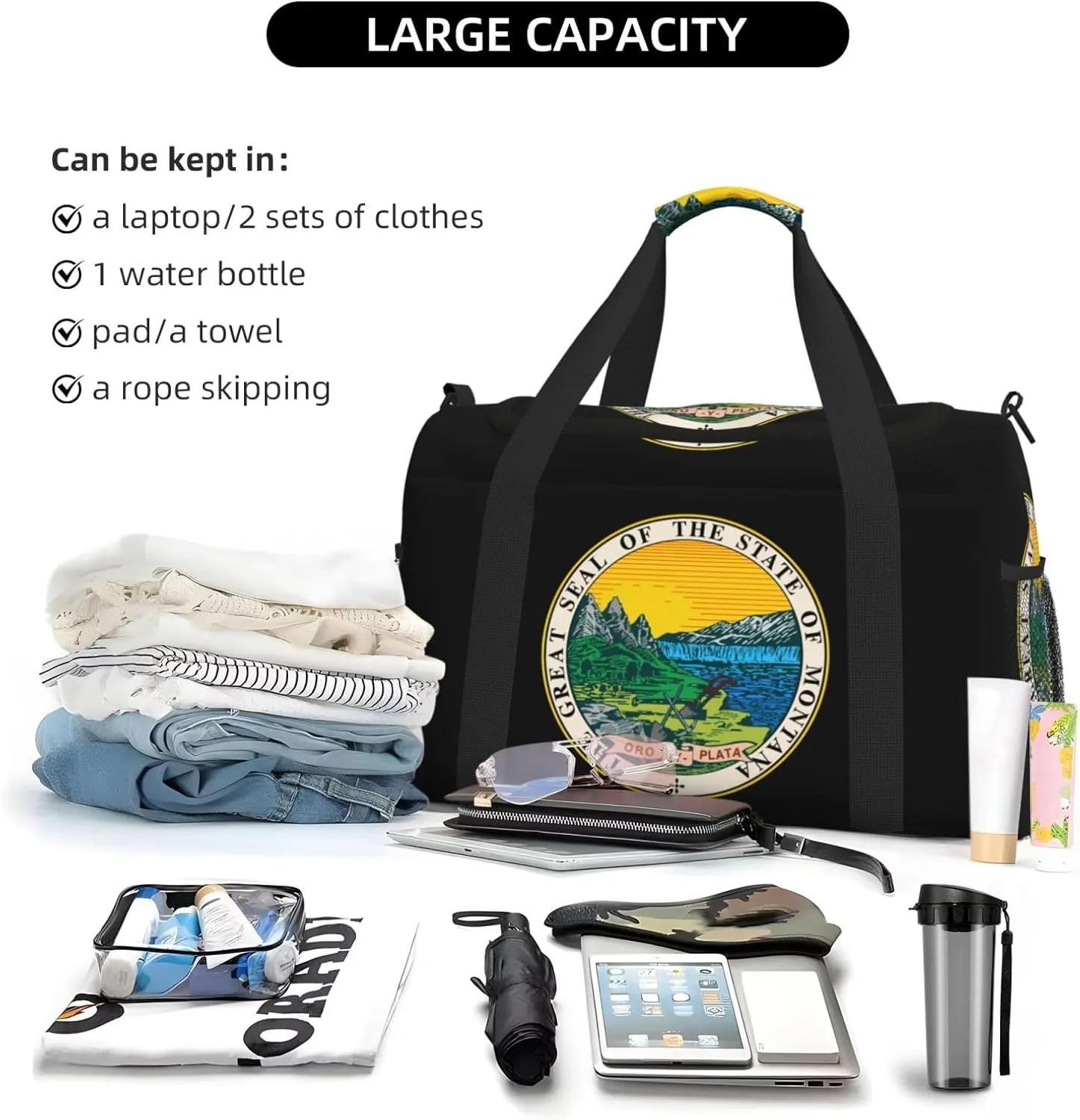 National Emblem Of Montana Travel Duffel Bag Large Foldable Waterproof Overnight Bag For Beach Swim Bags Pool Sports Gym