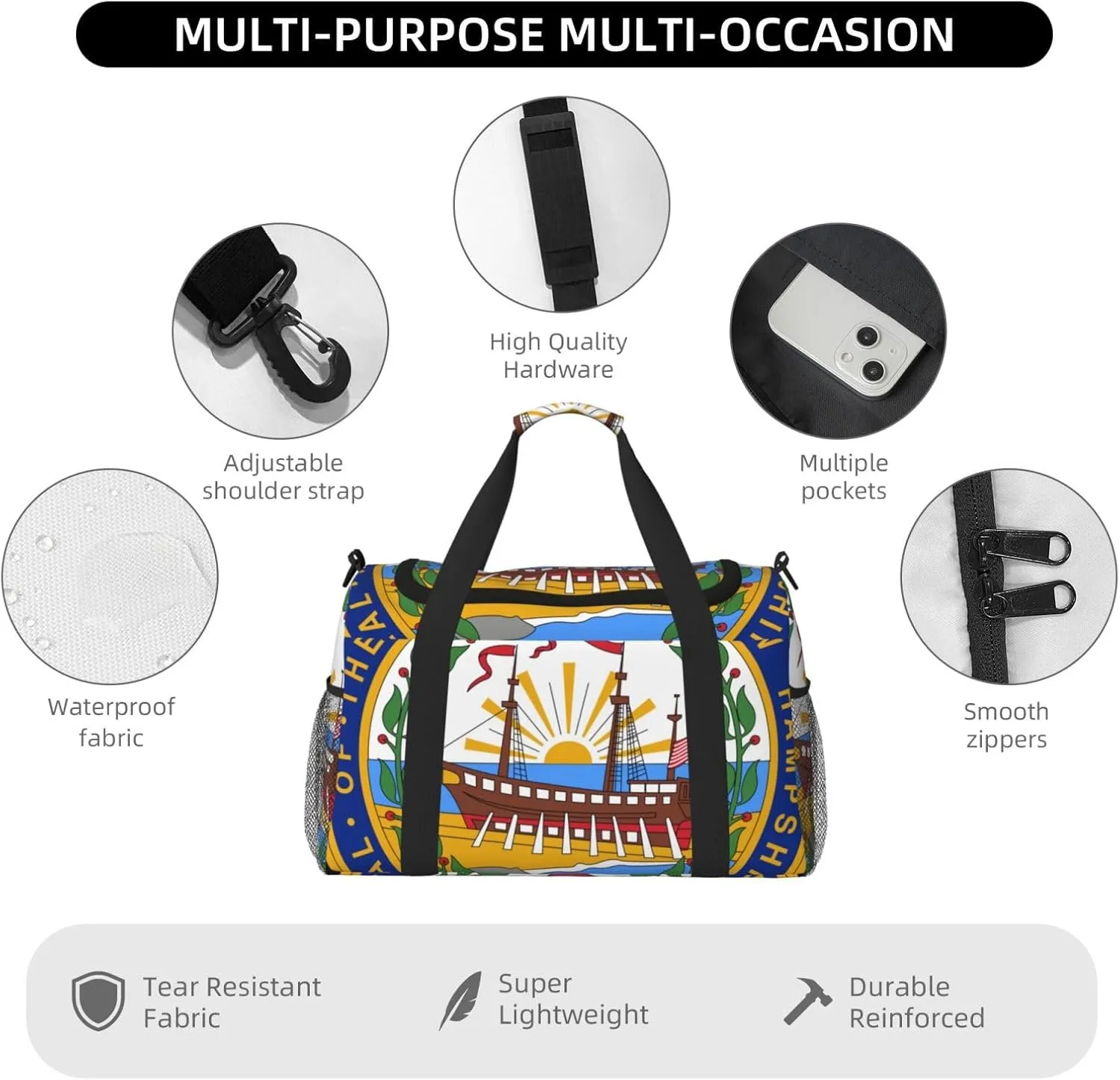 National Emblem Of New Hampshire Travel Duffel Bag Large Foldable Waterproof Overnight Bag For Beach Swim Bags Pool Sports Gym
