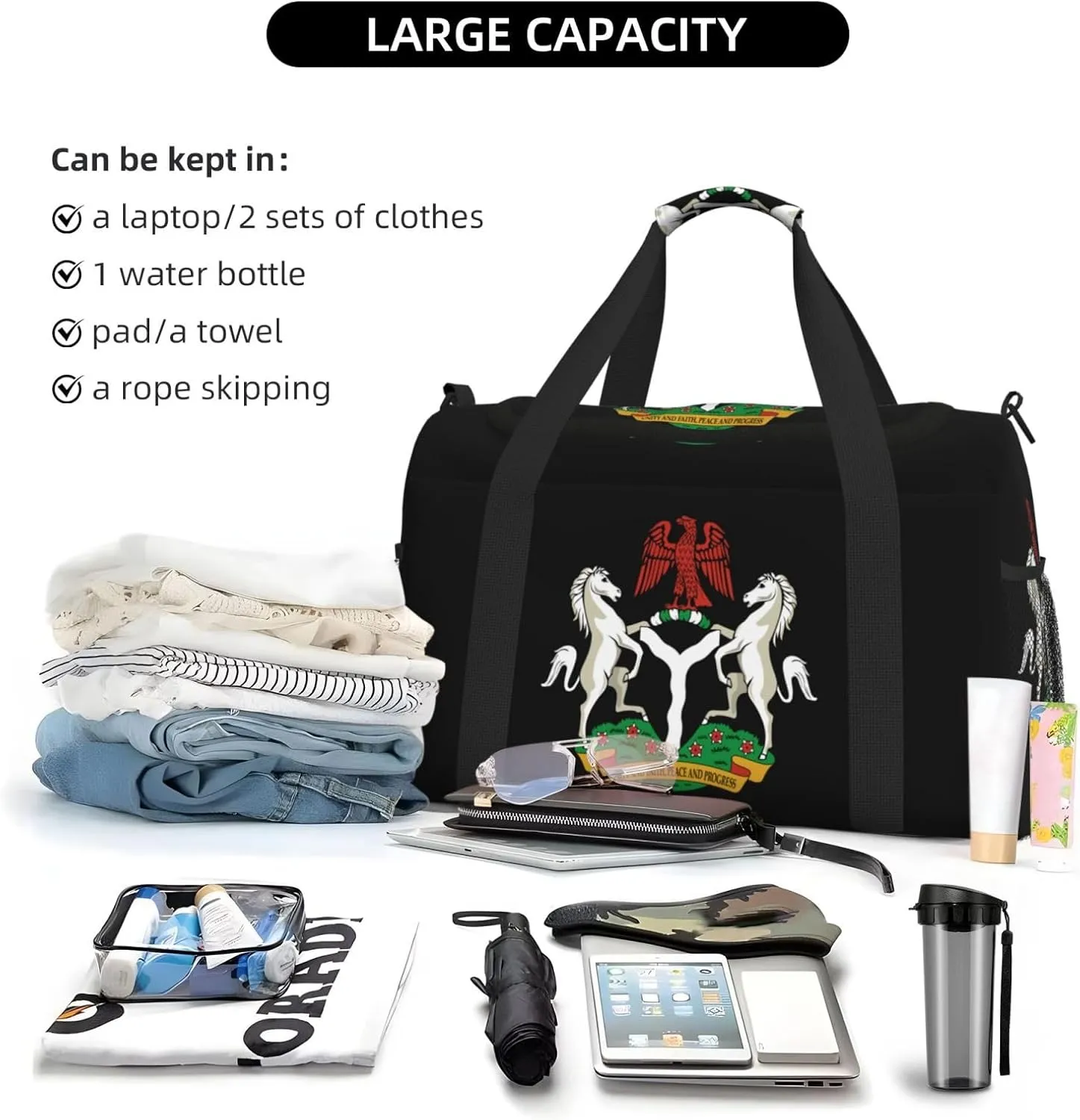 National Emblem Of Nigeria Travel Duffel Bag Large Foldable Waterproof Overnight Bag For Beach Swim Bags Pool Sports Gym