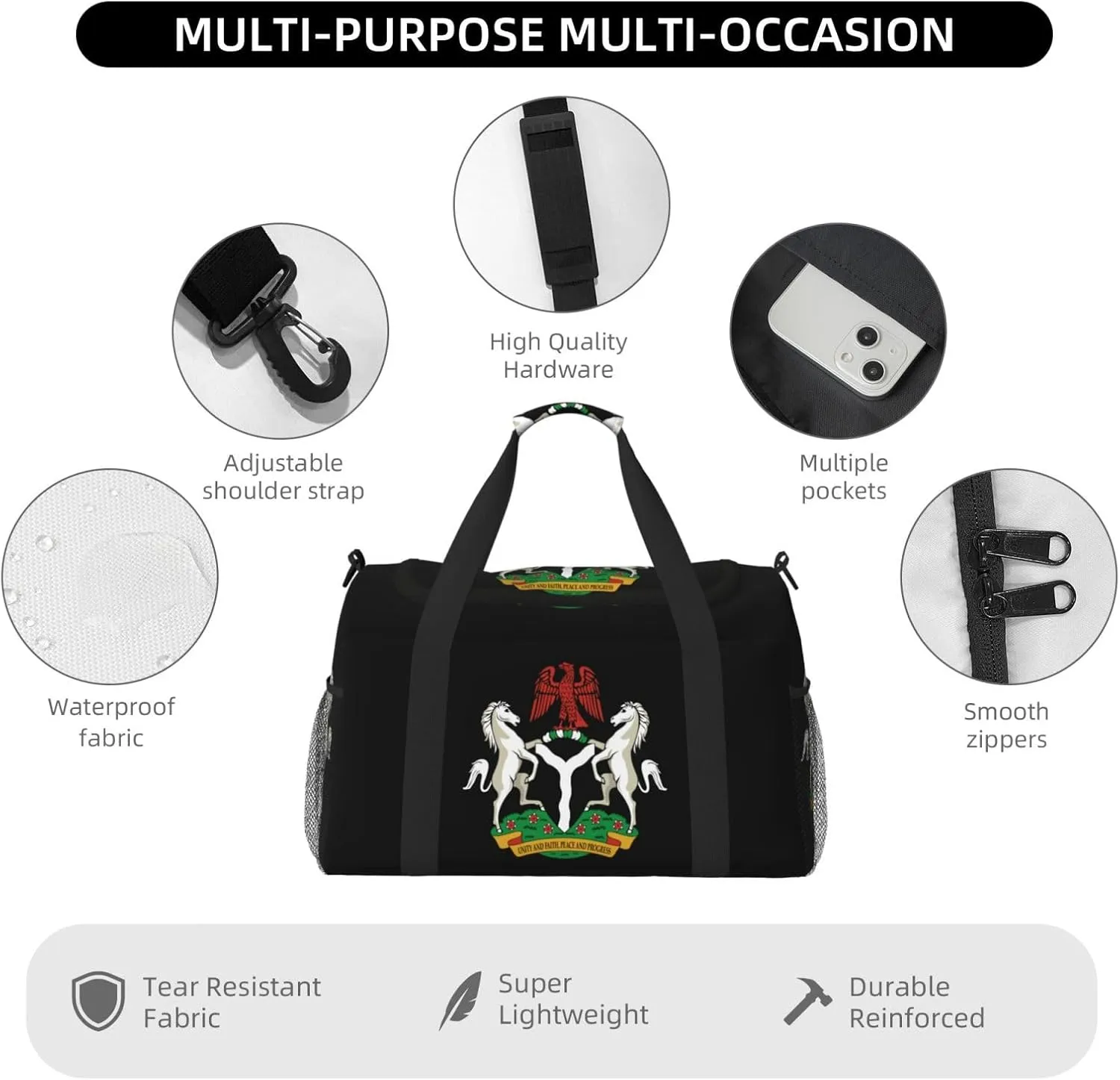 National Emblem Of Nigeria Travel Duffel Bag Large Foldable Waterproof Overnight Bag For Beach Swim Bags Pool Sports Gym
