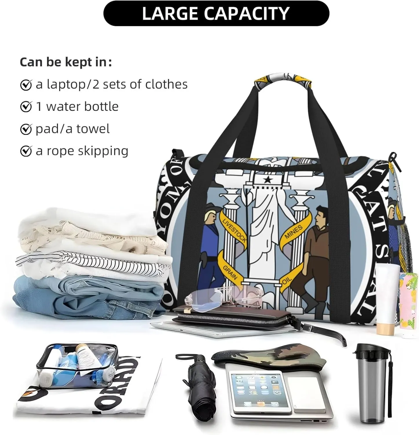 National Emblem Of Wyoming Travel Duffel Bag Large Foldable Waterproof Overnight Bag For Beach Swim Bags Pool Sports Gym