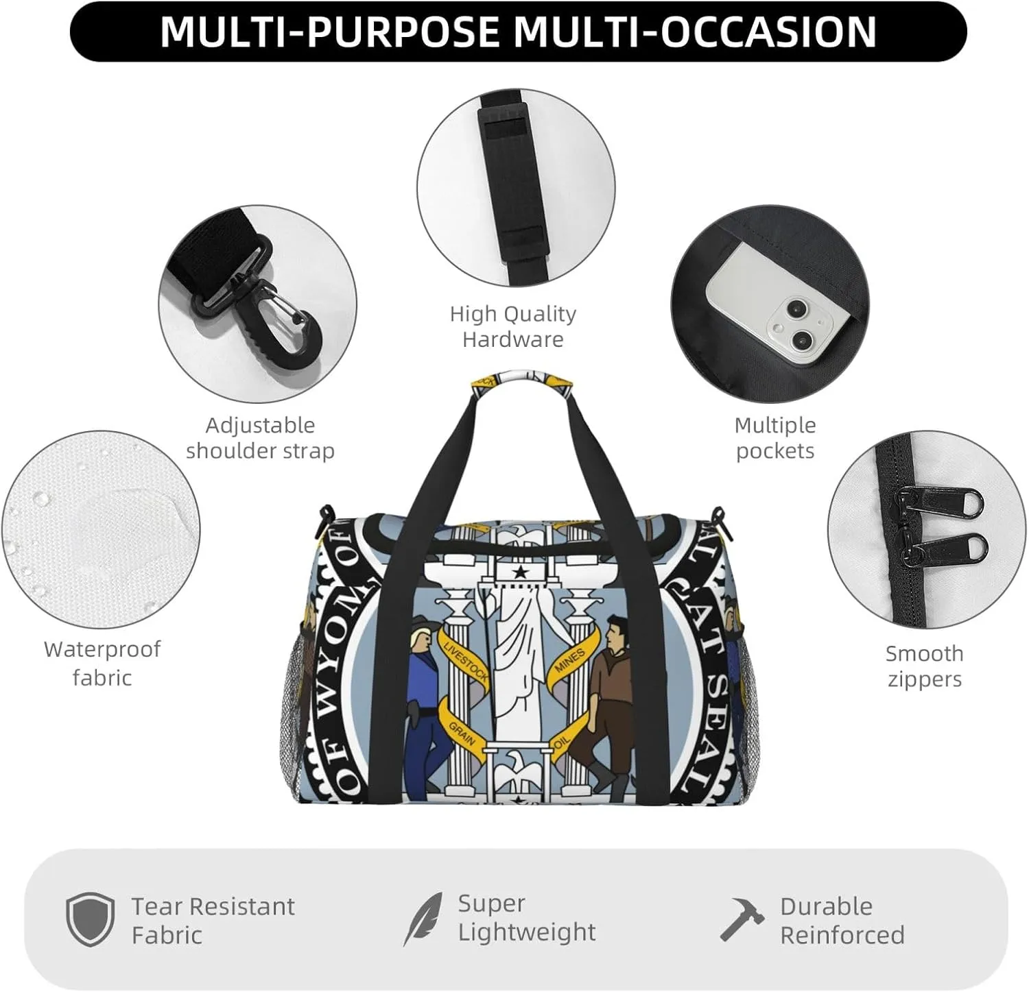 National Emblem Of Wyoming Travel Duffel Bag Large Foldable Waterproof Overnight Bag For Beach Swim Bags Pool Sports Gym