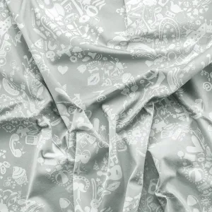 New World Damask Printed Fabric - Grey Blue & White