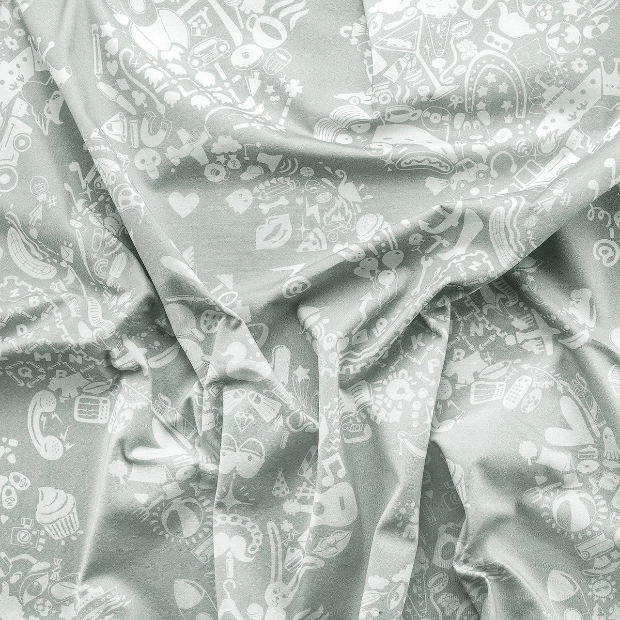 New World Damask Printed Fabric - Grey Blue & White