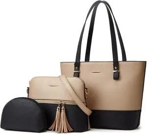 NICOLE & DORIS Women Large Handbags and Purses Contrast Shoulder Bags PU Leather Tote Bags Set Bag 3 in 1 Crossbody Bag
