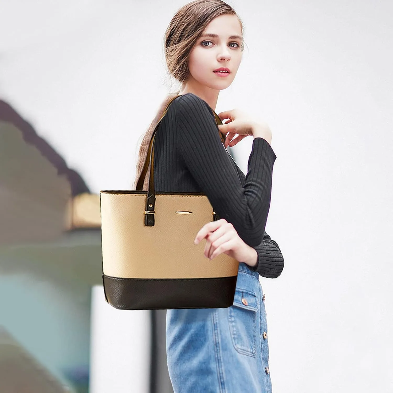 NICOLE & DORIS Women Large Handbags and Purses Contrast Shoulder Bags PU Leather Tote Bags Set Bag 3 in 1 Crossbody Bag