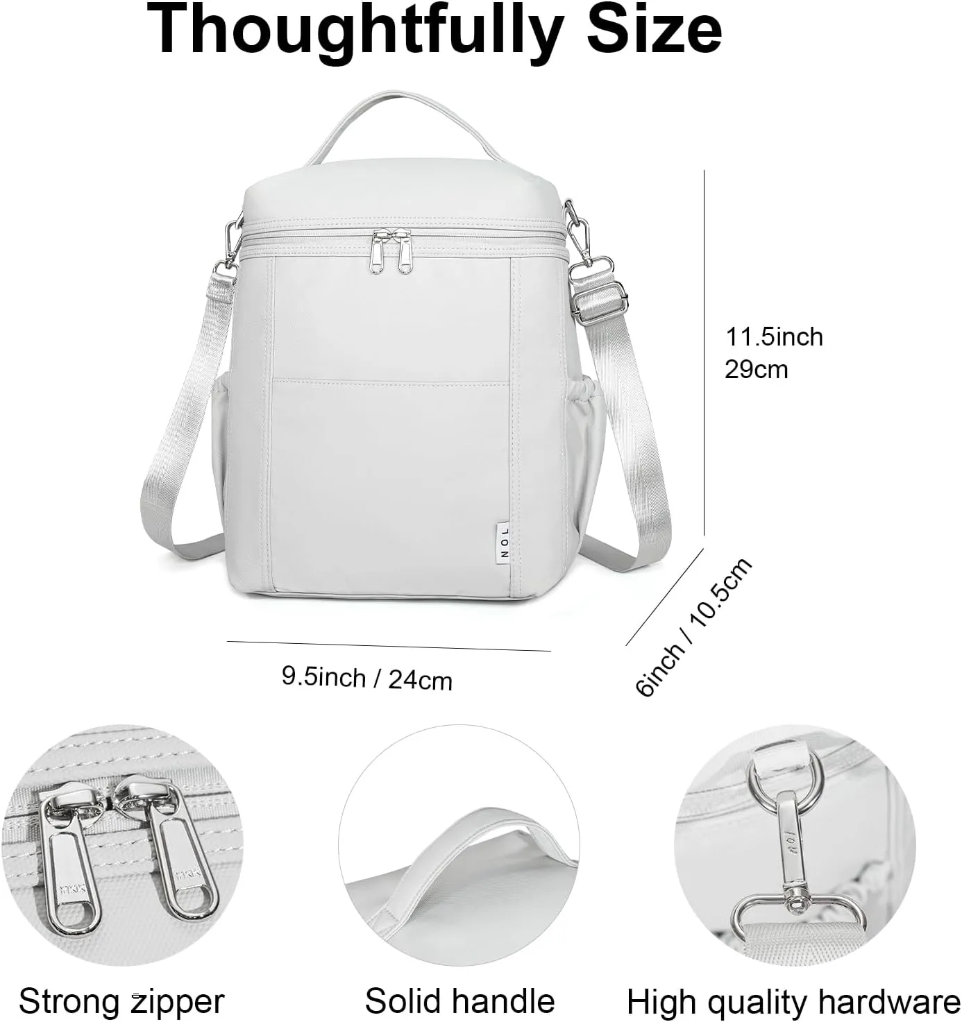 NOL Natural Organic Lifestyle Insulated Lunch Bags for Women Cooler Bag Lightweight Nylon Waterproof Lunch Box For Work (Gray White, Large)