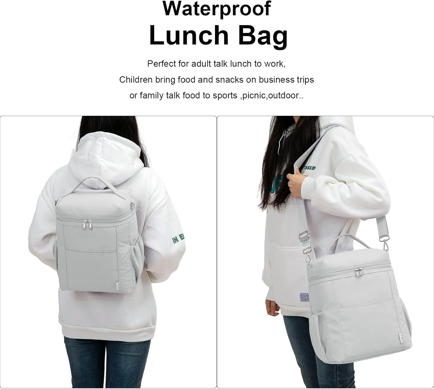 NOL Natural Organic Lifestyle Insulated Lunch Bags for Women Cooler Bag Lightweight Nylon Waterproof Lunch Box For Work (Gray White, Large)