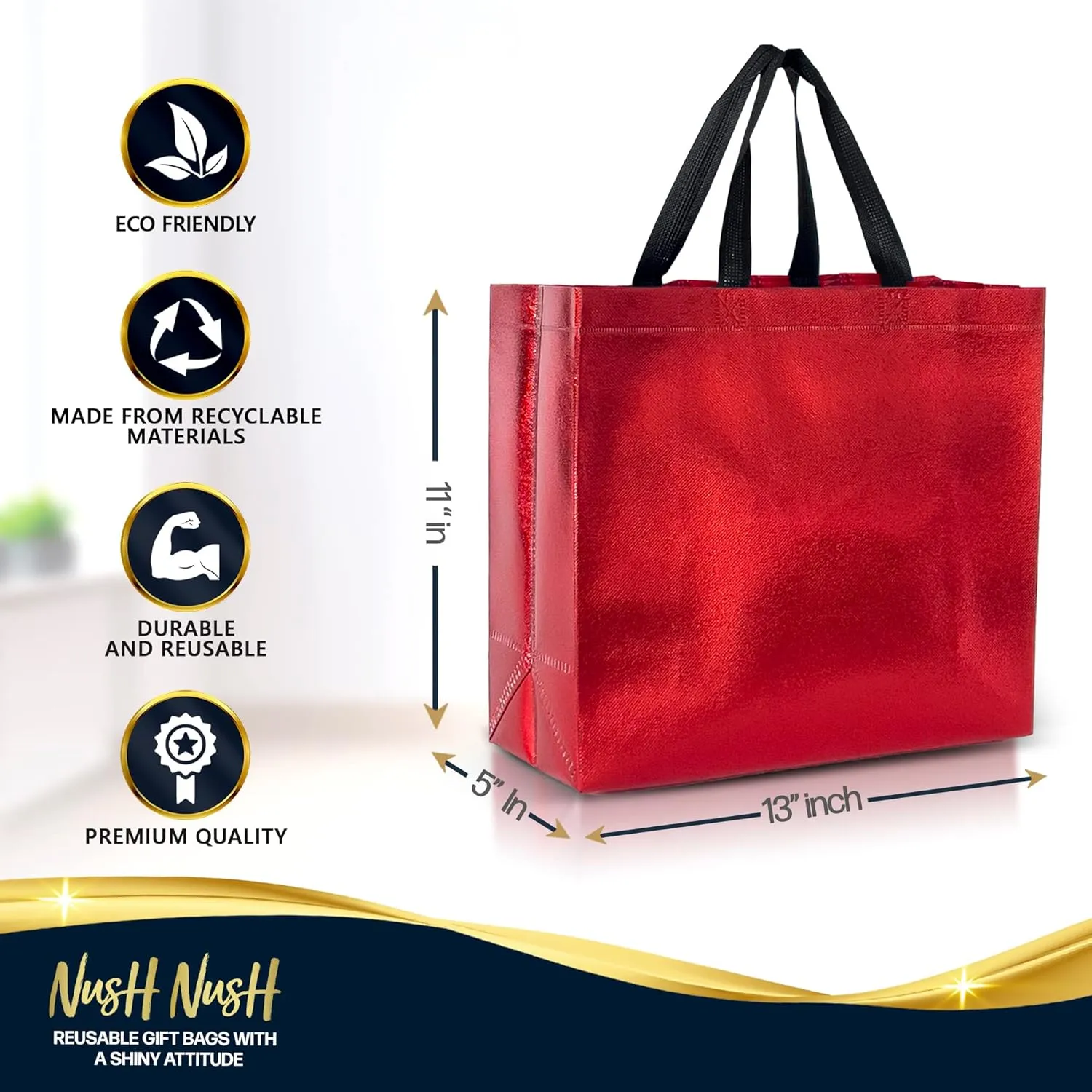 Nush Nush Red Gift Bags Large Size – Set of 12 Shiny Red Reusable Gift Bags With Handles - Perfect As Large Goodie Bags, Birthday Gift Bags in Bulk, Party Favor Bags, Big Goody Bags–13Wx5Dx11H Size