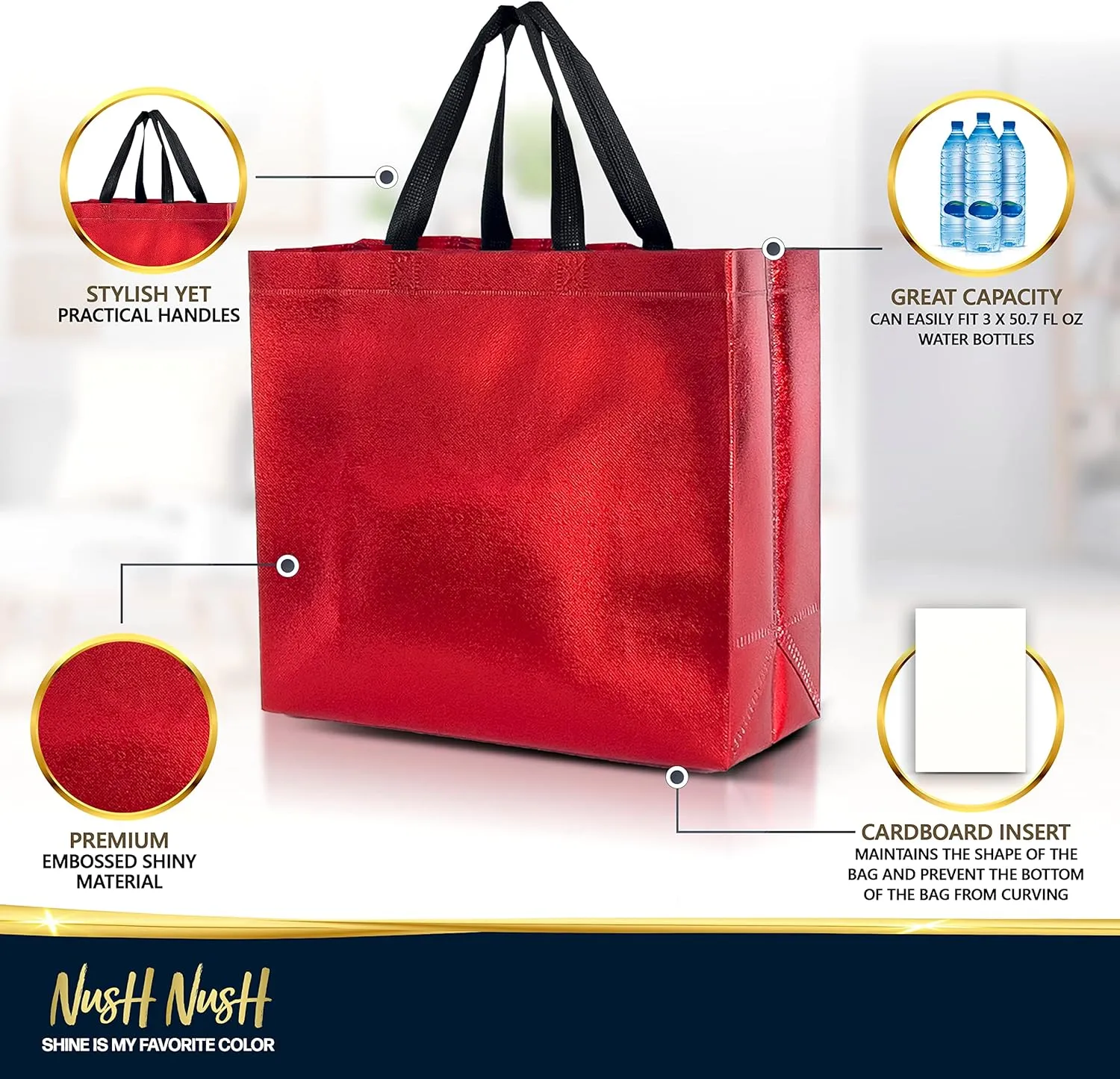 Nush Nush Red Gift Bags Large Size – Set of 12 Shiny Red Reusable Gift Bags With Handles - Perfect As Large Goodie Bags, Birthday Gift Bags in Bulk, Party Favor Bags, Big Goody Bags–13Wx5Dx11H Size