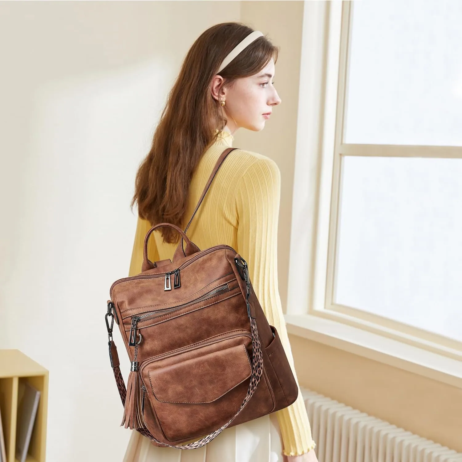 OPAGE Backpack Purse for Women Leather Anti-theft Fashion Designer Travel Backpack Ladies Shoulder Bags With Wristlet