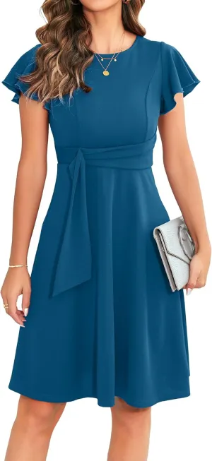 OWIN Womens 2025 Elegant Ruffle Sleeve Flared A Line Swing Casual Party Cocktail Dresses
