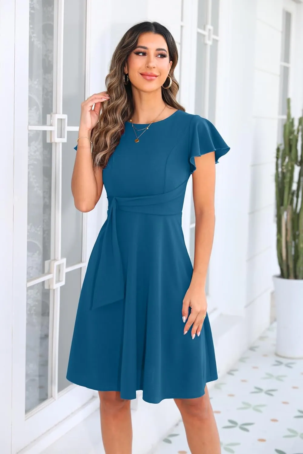 OWIN Womens 2025 Elegant Ruffle Sleeve Flared A Line Swing Casual Party Cocktail Dresses