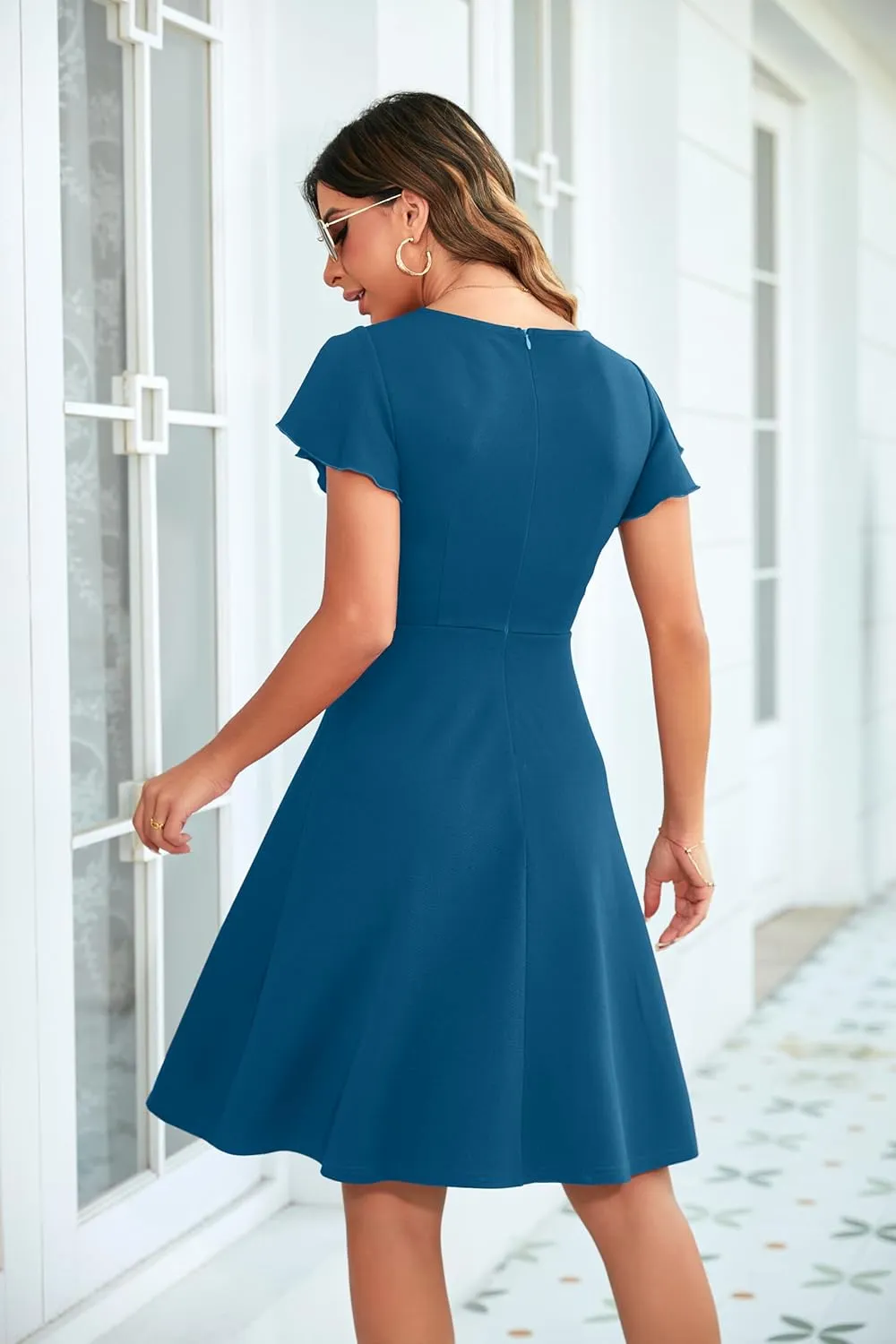 OWIN Womens 2025 Elegant Ruffle Sleeve Flared A Line Swing Casual Party Cocktail Dresses