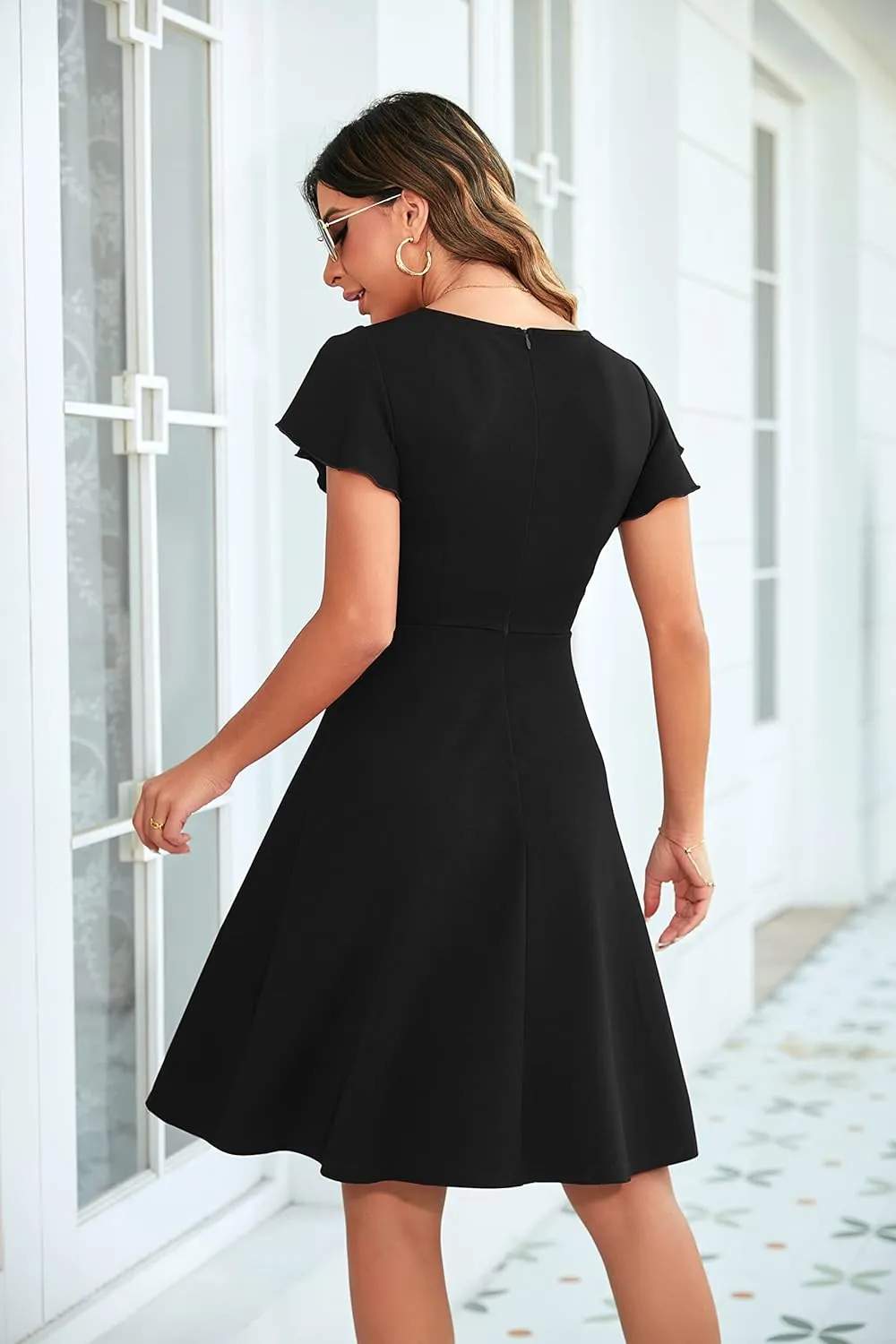 OWIN Womens 2025 Elegant Ruffle Sleeve Flared A Line Swing Casual Party Cocktail Dresses