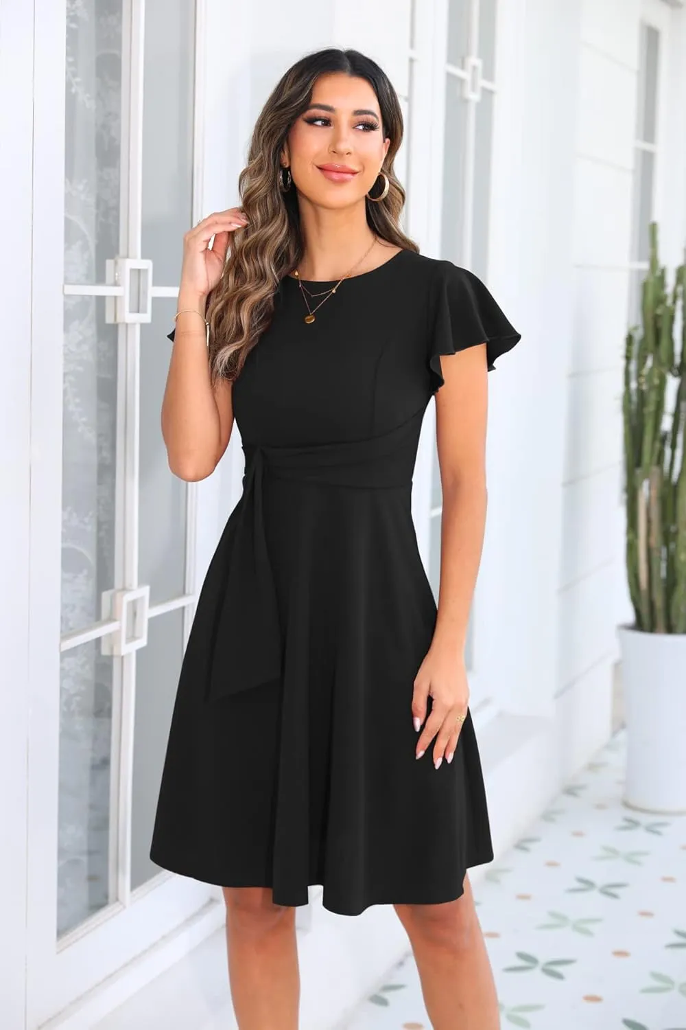 OWIN Womens 2025 Elegant Ruffle Sleeve Flared A Line Swing Casual Party Cocktail Dresses