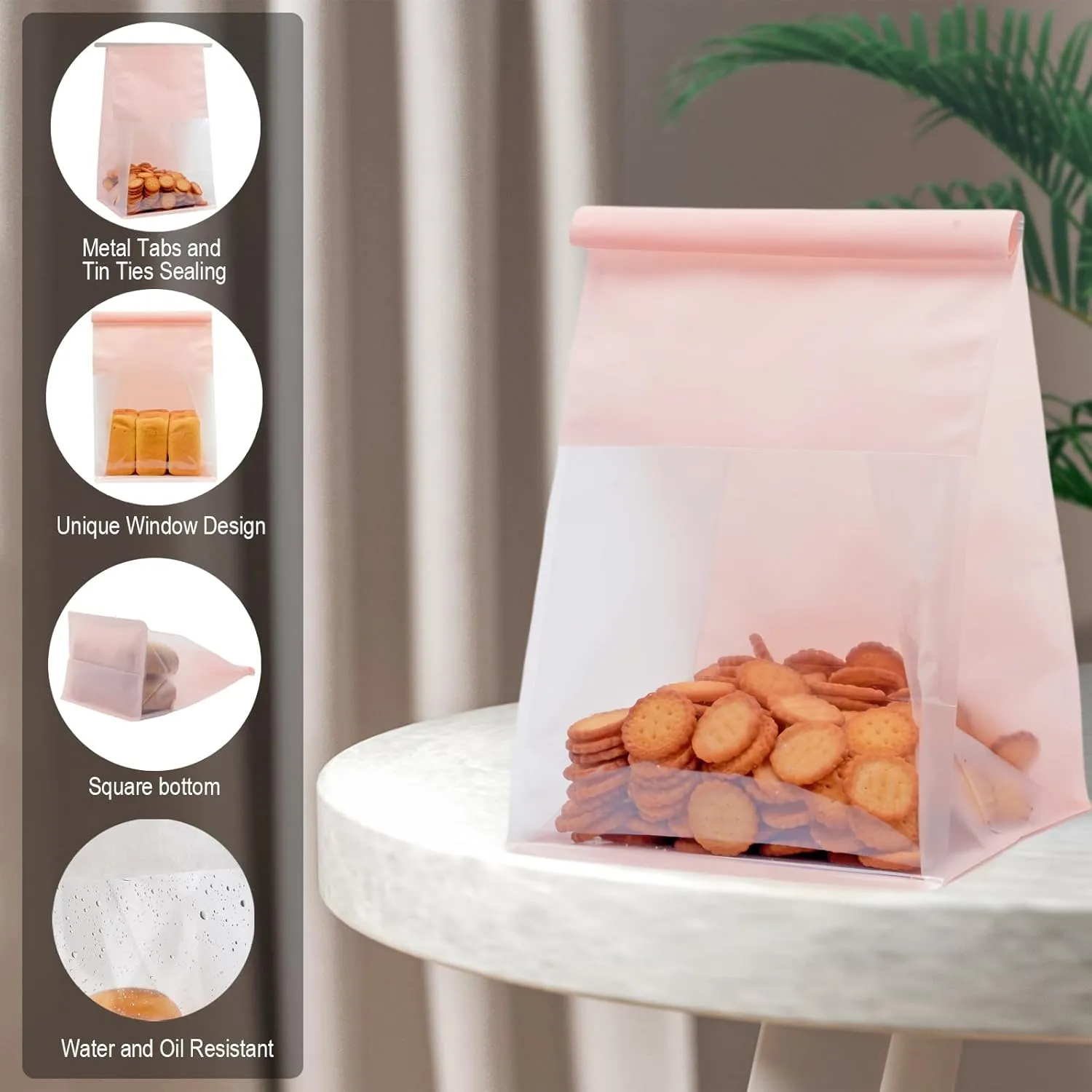 Pack of 50 Paper Bread Loaf Bag Kraft Food Packaging Storage Bakery Bag with Front Window, Tin Tie Tab Lock Kraft Paper Bags (10.2'' X 6.3'' X 5.1'') (Pink)
