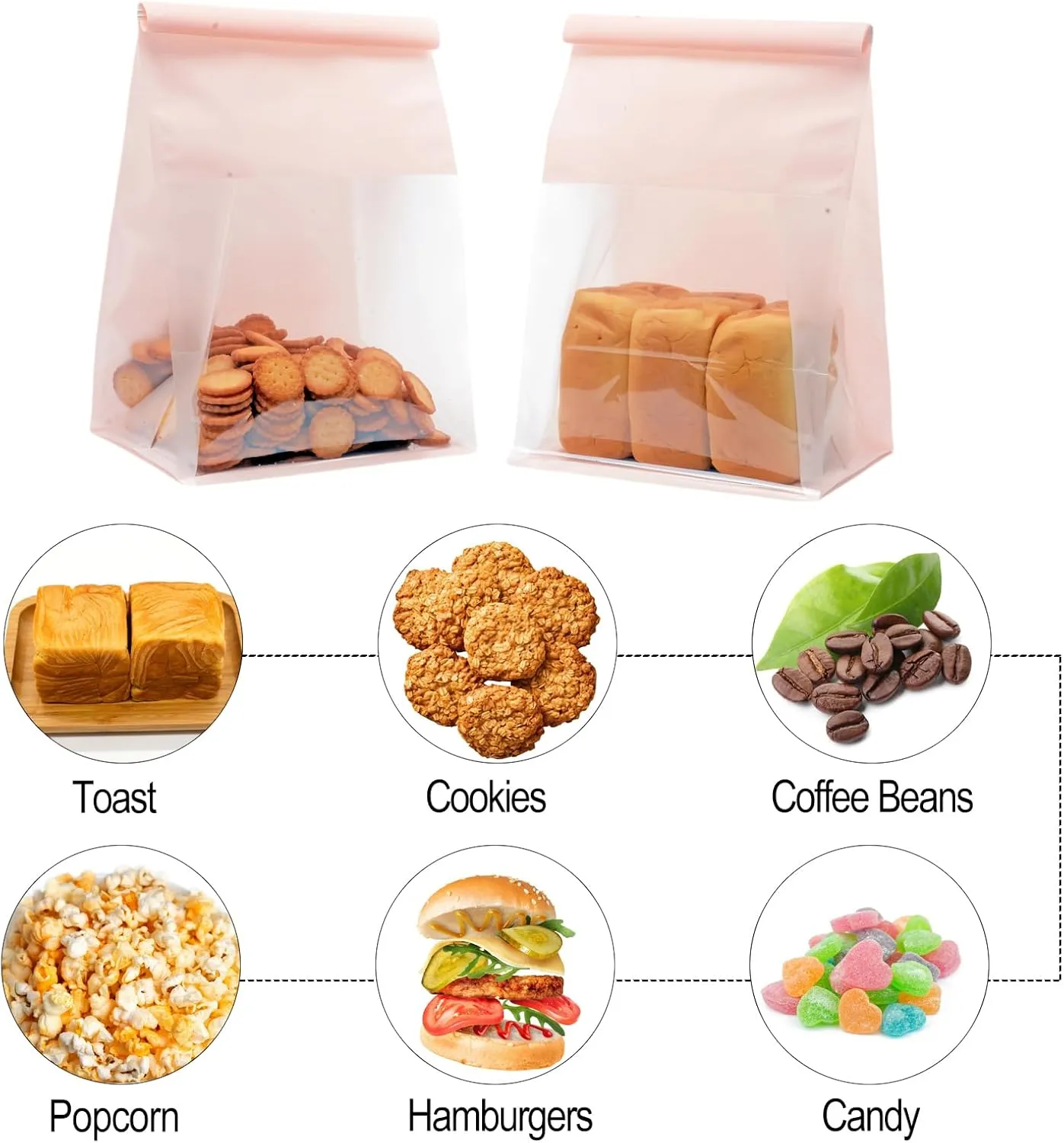Pack of 50 Paper Bread Loaf Bag Kraft Food Packaging Storage Bakery Bag with Front Window, Tin Tie Tab Lock Kraft Paper Bags (10.2'' X 6.3'' X 5.1'') (Pink)