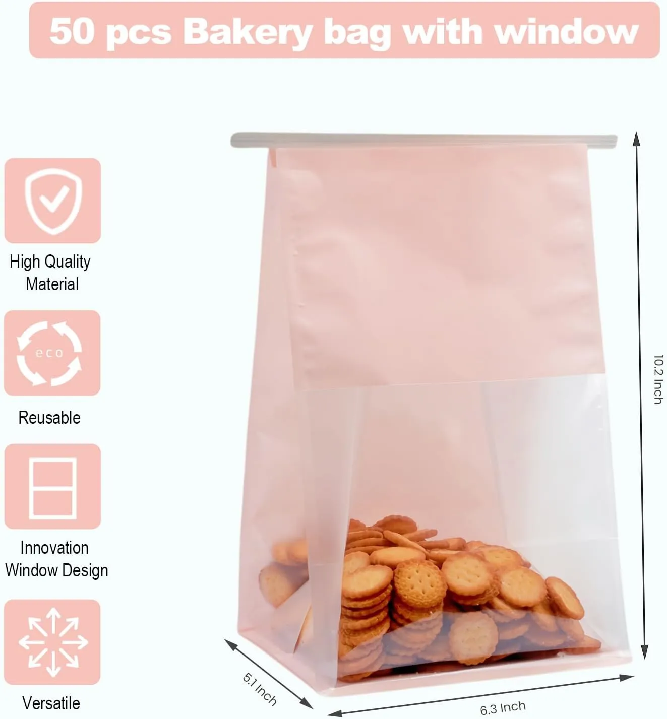 Pack of 50 Paper Bread Loaf Bag Kraft Food Packaging Storage Bakery Bag with Front Window, Tin Tie Tab Lock Kraft Paper Bags (10.2'' X 6.3'' X 5.1'') (Pink)