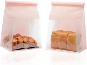 Pack of 50 Paper Bread Loaf Bag Kraft Food Packaging Storage Bakery Bag with Front Window, Tin Tie Tab Lock Kraft Paper Bags (10.2'' X 6.3'' X 5.1'') (Pink)