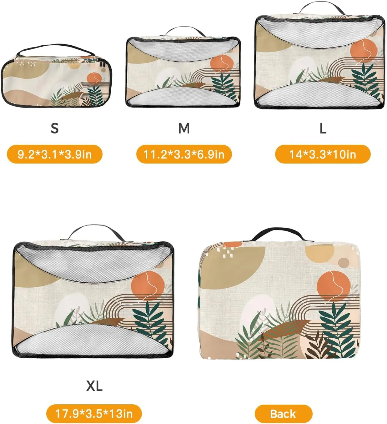 Packing Cubes for Travel, 4 Set Travel Packing Organized Cubes Boho Abstract Leaf Plant Bohemian Geometric Linen Waterproof Luggage Organizer Shoe Bag Travel Accessories for Carry On Suitcases
