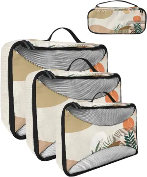 Packing Cubes for Travel, 4 Set Travel Packing Organized Cubes Boho Abstract Leaf Plant Bohemian Geometric Linen Waterproof Luggage Organizer Shoe Bag Travel Accessories for Carry On Suitcases
