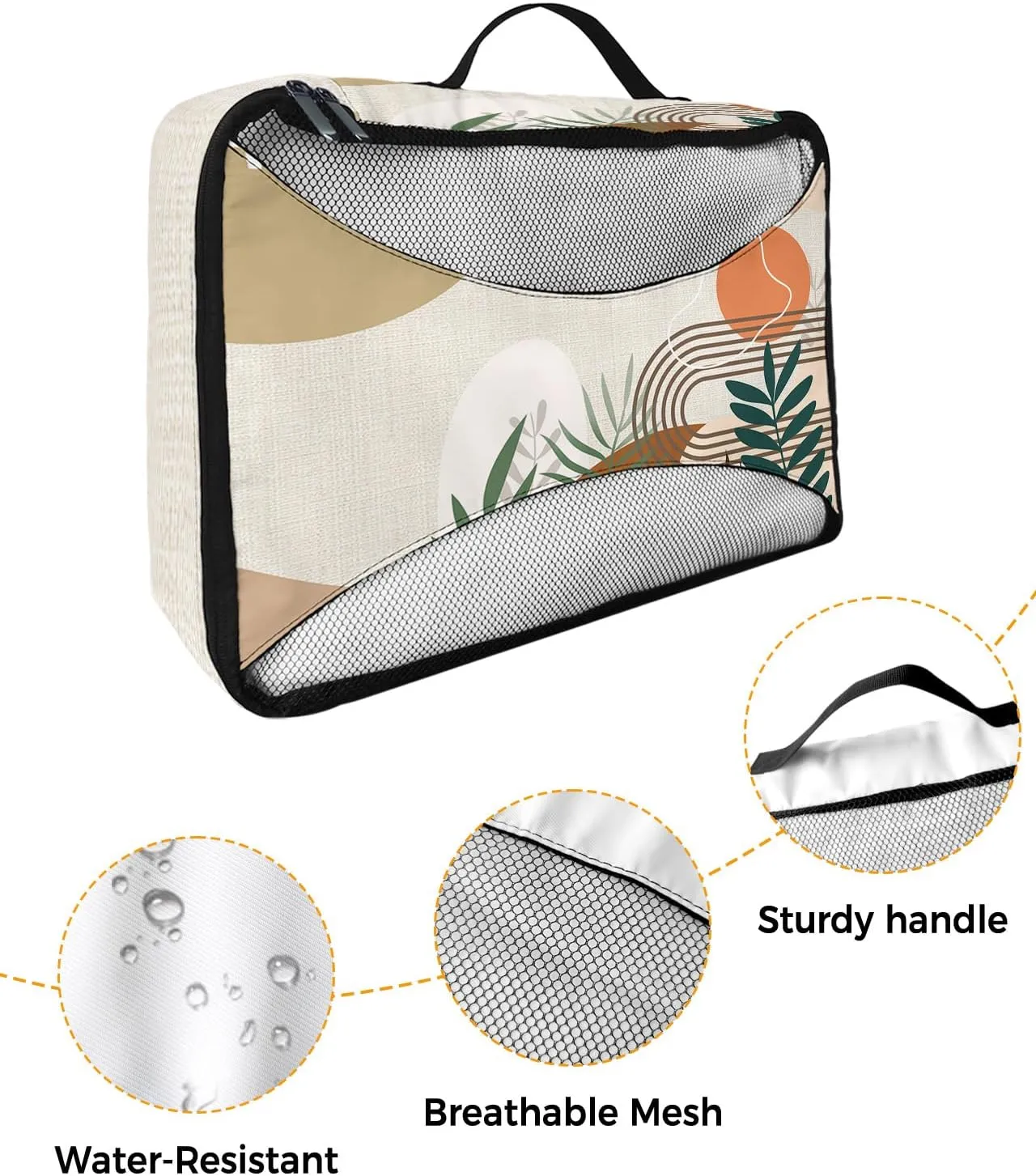 Packing Cubes for Travel, 4 Set Travel Packing Organized Cubes Boho Abstract Leaf Plant Bohemian Geometric Linen Waterproof Luggage Organizer Shoe Bag Travel Accessories for Carry On Suitcases