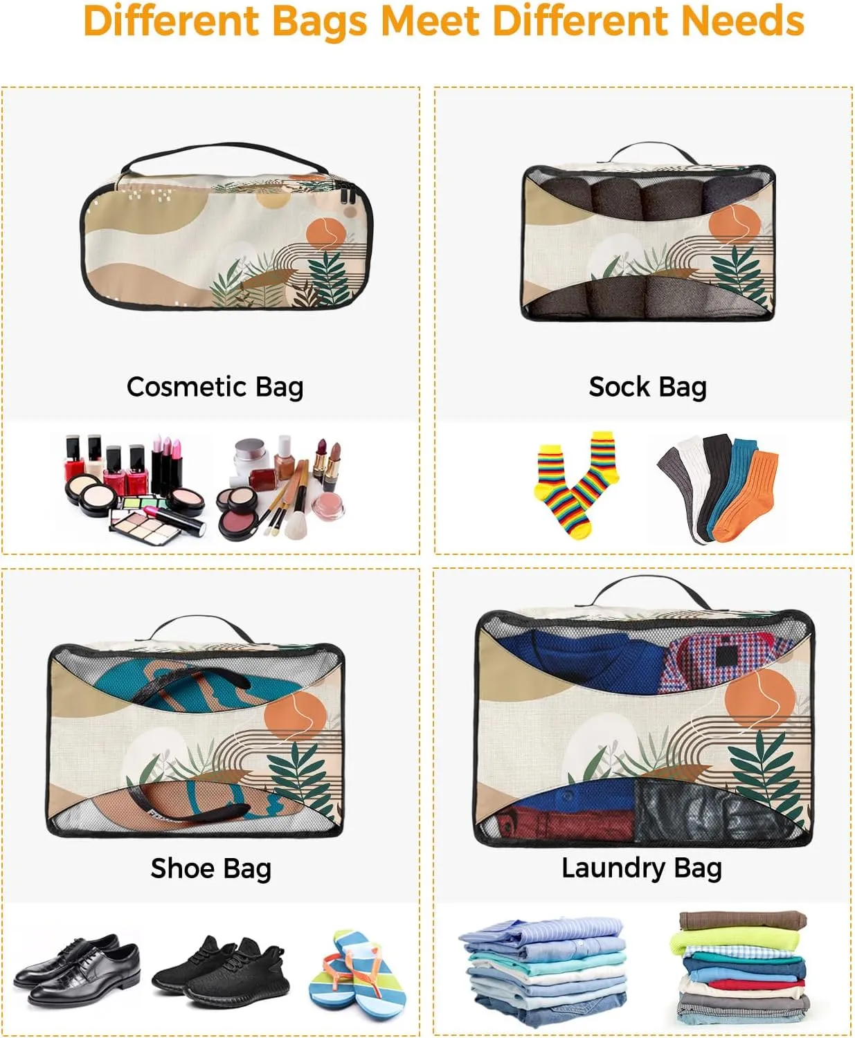 Packing Cubes for Travel, 4 Set Travel Packing Organized Cubes Boho Abstract Leaf Plant Bohemian Geometric Linen Waterproof Luggage Organizer Shoe Bag Travel Accessories for Carry On Suitcases