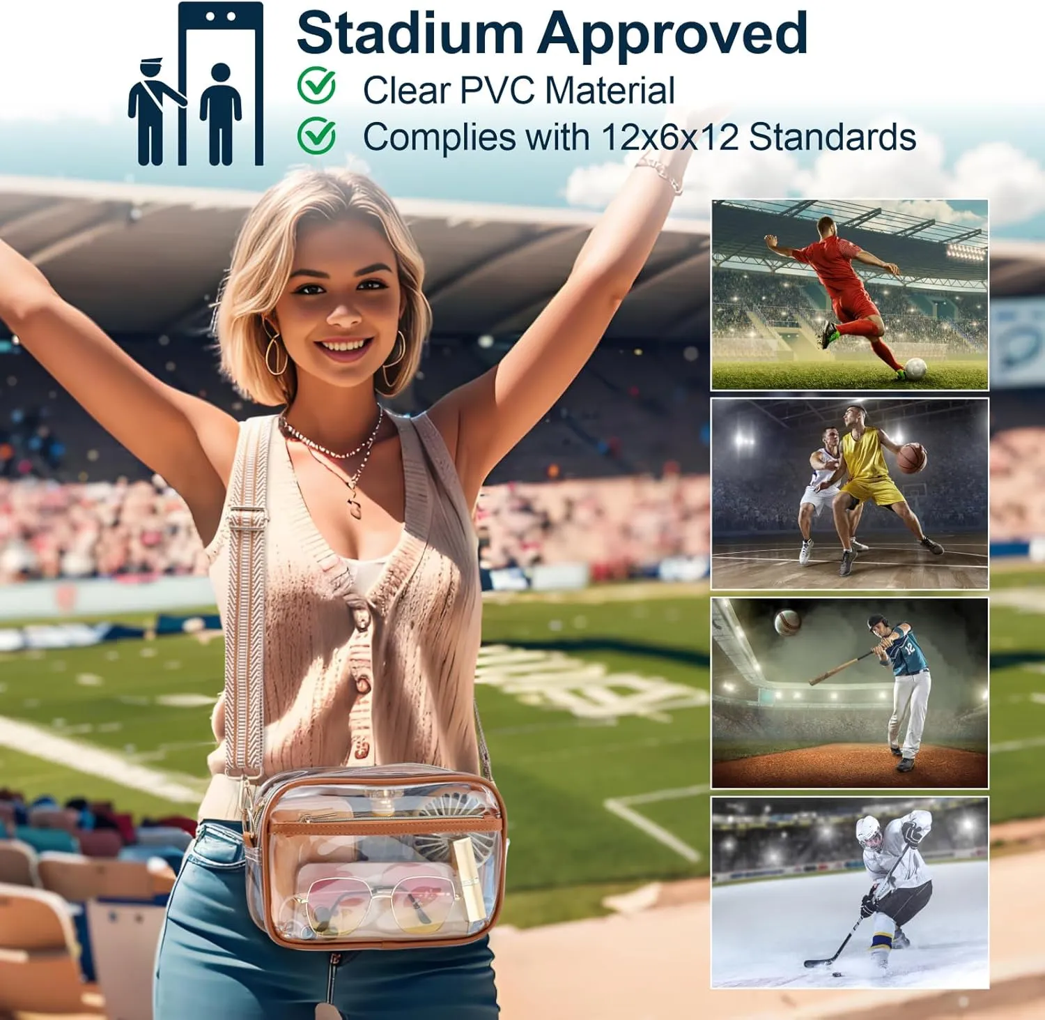 PACKISM Clear Bag for Stadium Events - Clear Purses for Women Stadium Crossbody Concert Bag for Game Day， Sports, Festival