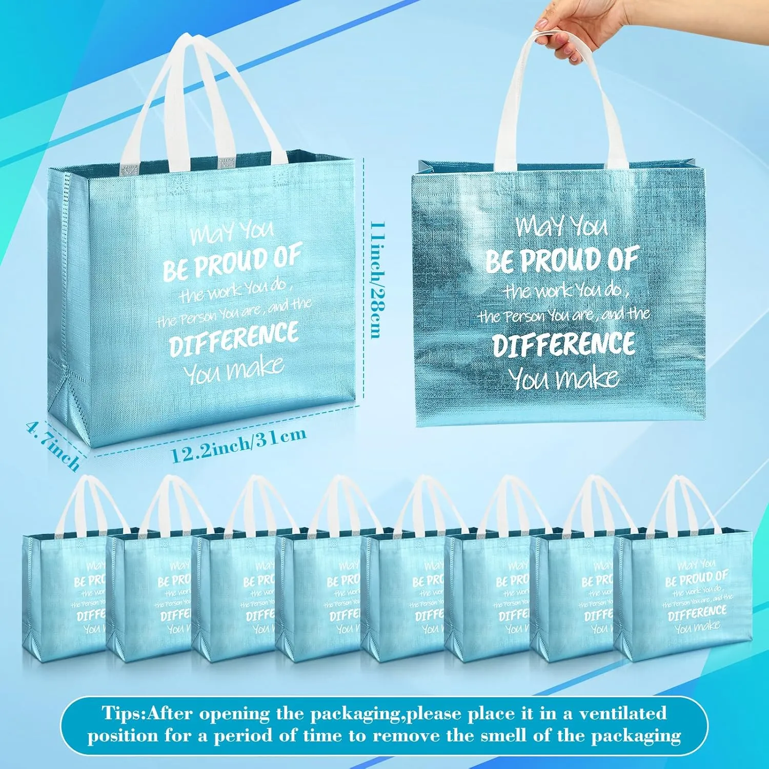 Paterr 12 Pcs Graduation Employee Appreciation Bag with Handles Thank You Team Reusable Glossy 12.2 x 4.7 x 11 Inch Bag May You Be Proud Gift for CNA Nurse Coworker Staff Teacher(Blue)