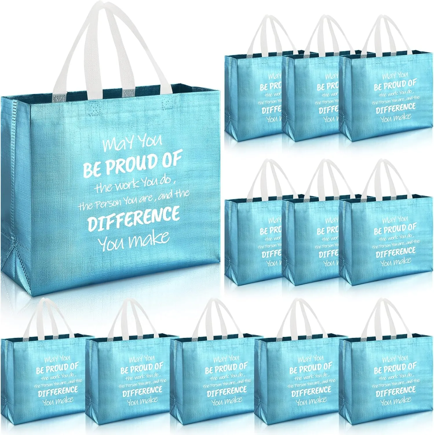 Paterr 12 Pcs Graduation Employee Appreciation Bag with Handles Thank You Team Reusable Glossy 12.2 x 4.7 x 11 Inch Bag May You Be Proud Gift for CNA Nurse Coworker Staff Teacher(Blue)